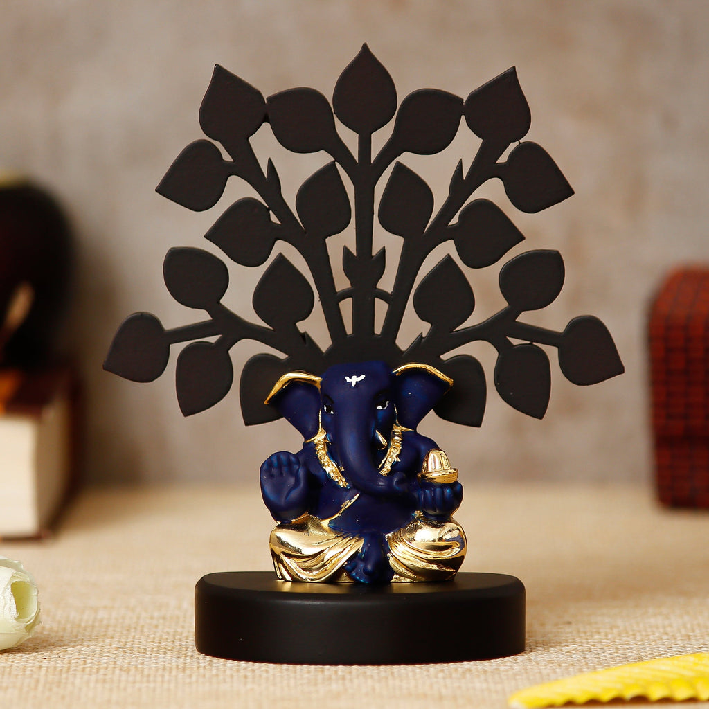 Gold Plated Blue Polyresin Appu Ganesha Statue with Wooden Tree for Home, Temple, Office and Car Dashboard Kafalo