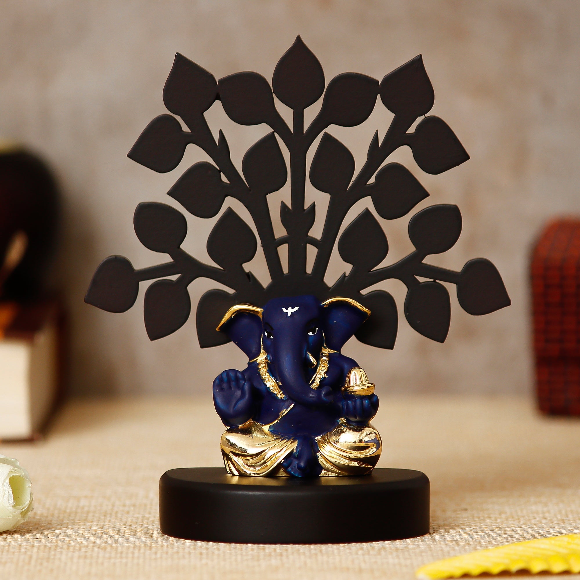 Gold Plated Blue Polyresin Appu Ganesha Statue with Wooden Tree for Home, Temple, Office and Car Dashboard Kafalo