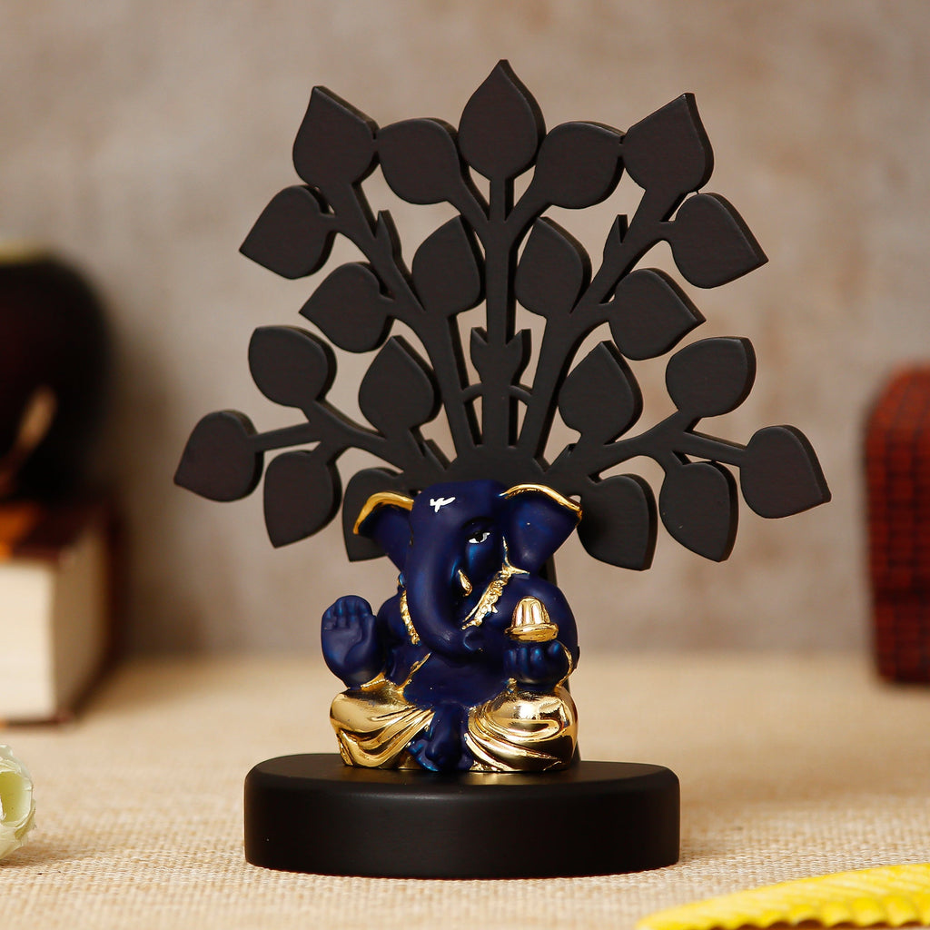 Gold Plated Blue Polyresin Appu Ganesha Statue with Wooden Tree for Home, Temple, Office and Car Dashboard Kafalo