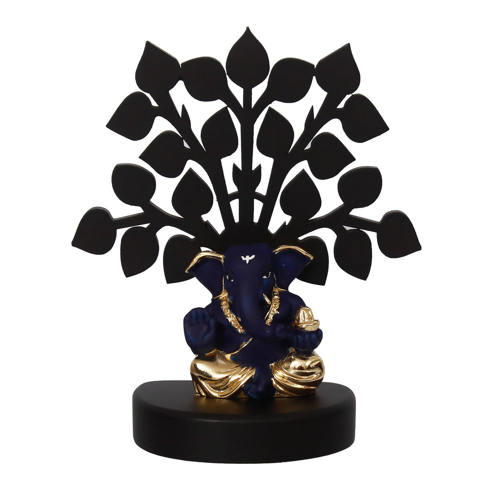 Gold Plated Blue Polyresin Appu Ganesha Statue with Wooden Tree for Home, Temple, Office and Car Dashboard Kafalo