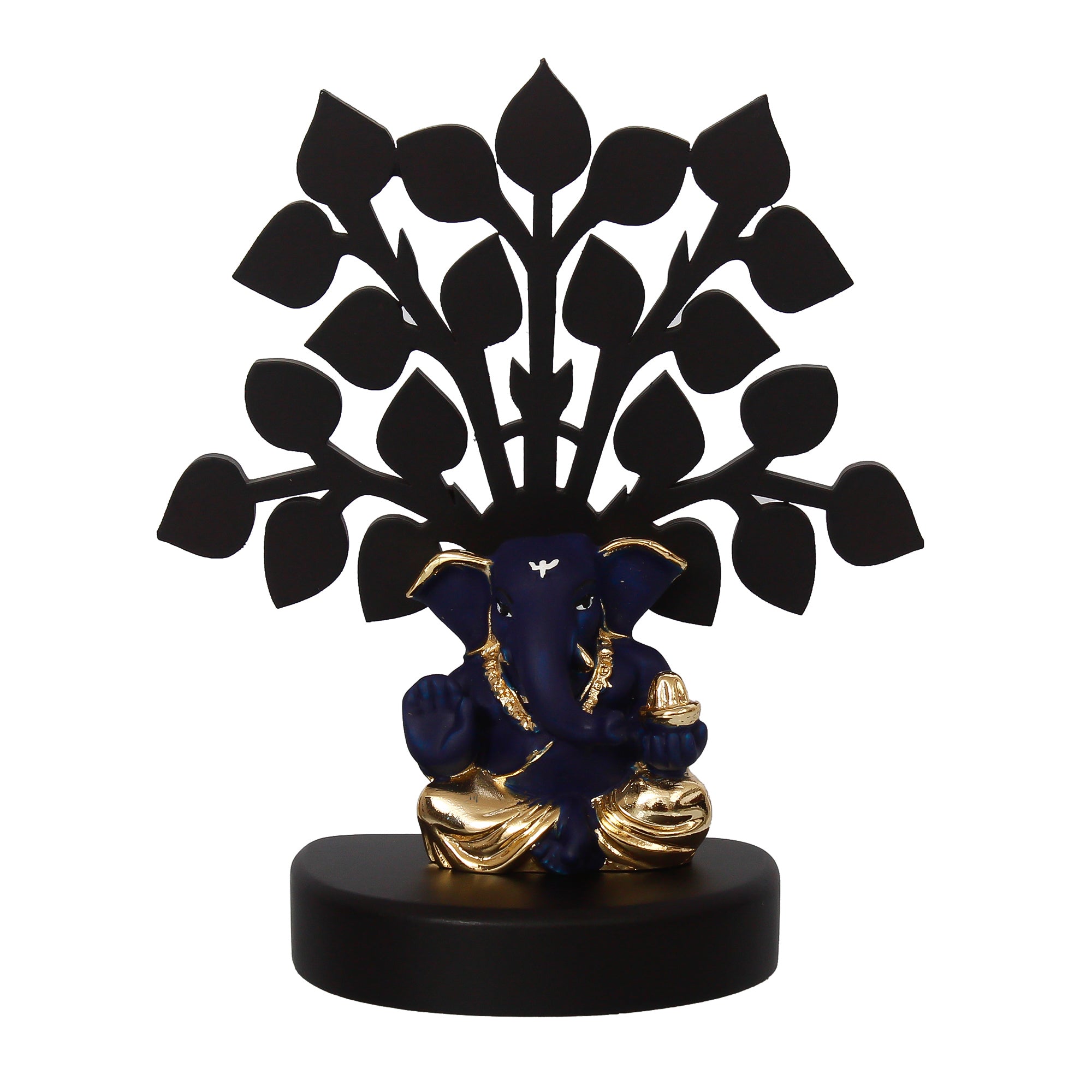 Gold Plated Blue Polyresin Appu Ganesha Statue with Wooden Tree for Home, Temple, Office and Car Dashboard Kafalo