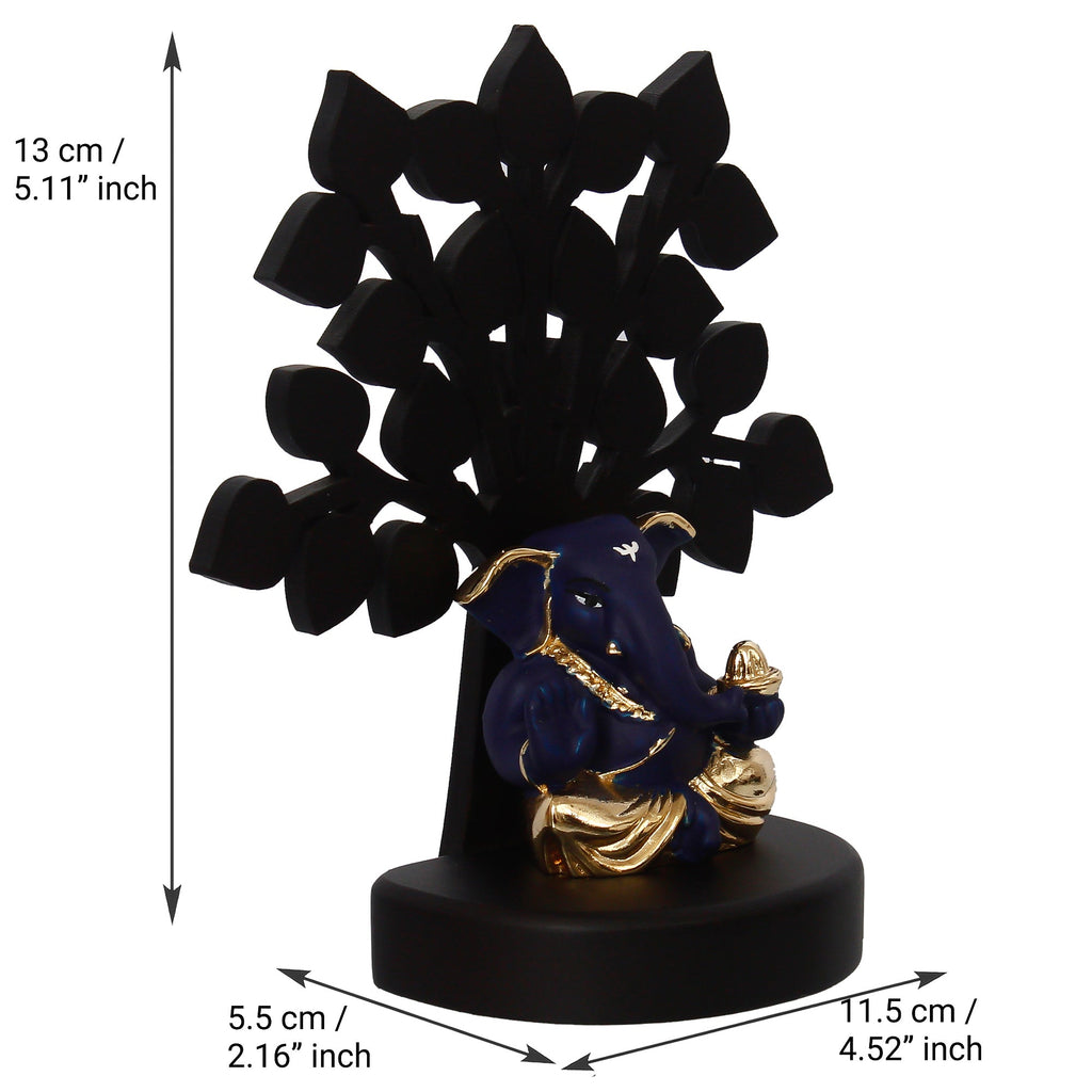 Gold Plated Blue Polyresin Appu Ganesha Statue with Wooden Tree for Home, Temple, Office and Car Dashboard Kafalo
