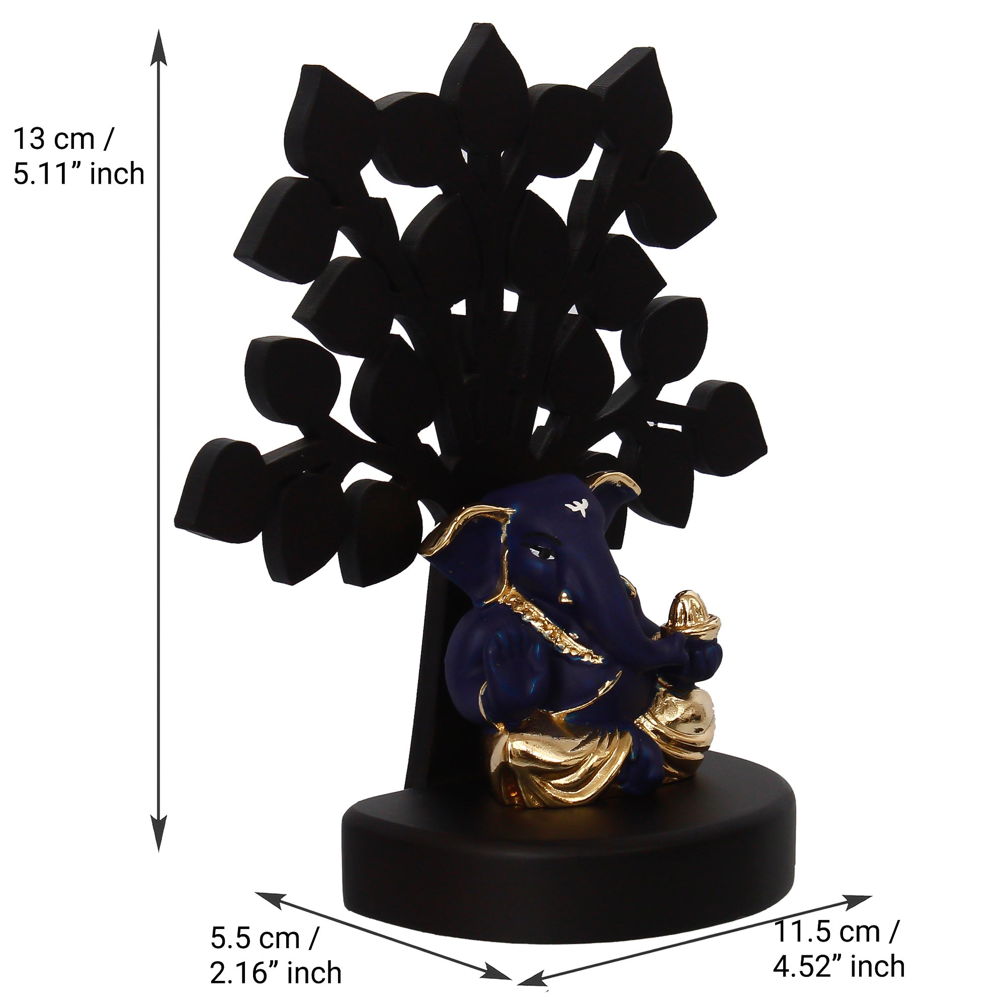 Gold Plated Blue Polyresin Appu Ganesha Statue with Wooden Tree for Home, Temple, Office and Car Dashboard Kafalo