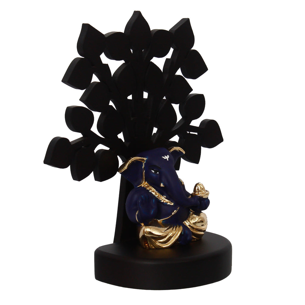 Gold Plated Blue Polyresin Appu Ganesha Statue with Wooden Tree for Home, Temple, Office and Car Dashboard Kafalo