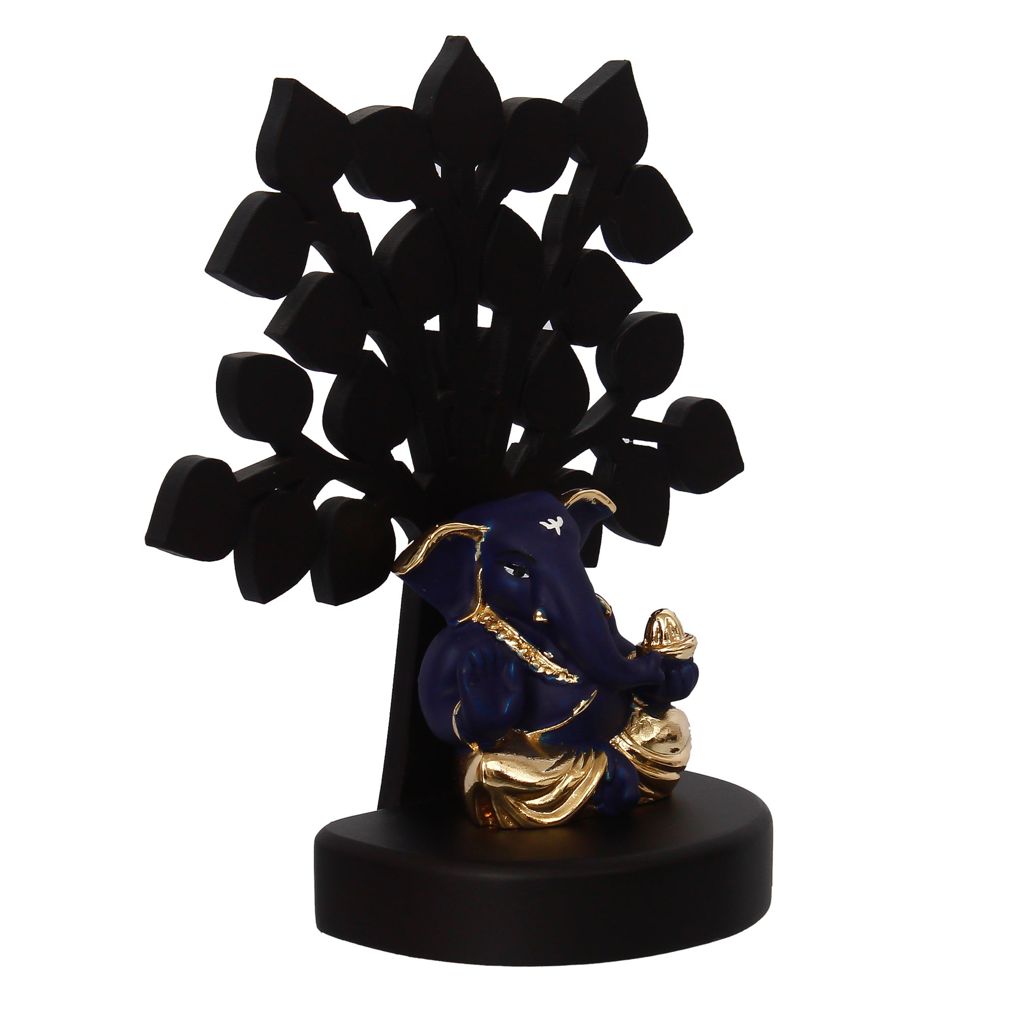 Gold Plated Blue Polyresin Appu Ganesha Statue with Wooden Tree for Home, Temple, Office and Car Dashboard Kafalo