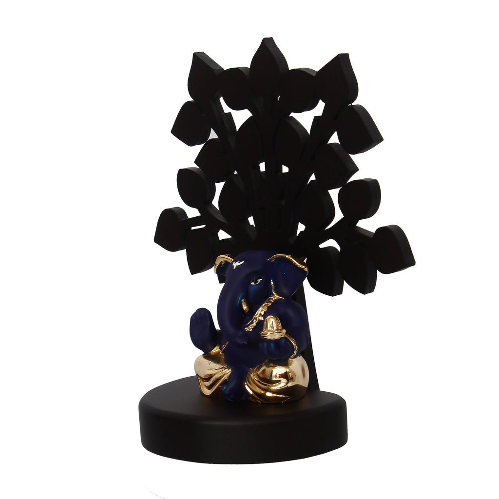 Gold Plated Blue Polyresin Appu Ganesha Statue with Wooden Tree for Home, Temple, Office and Car Dashboard Kafalo