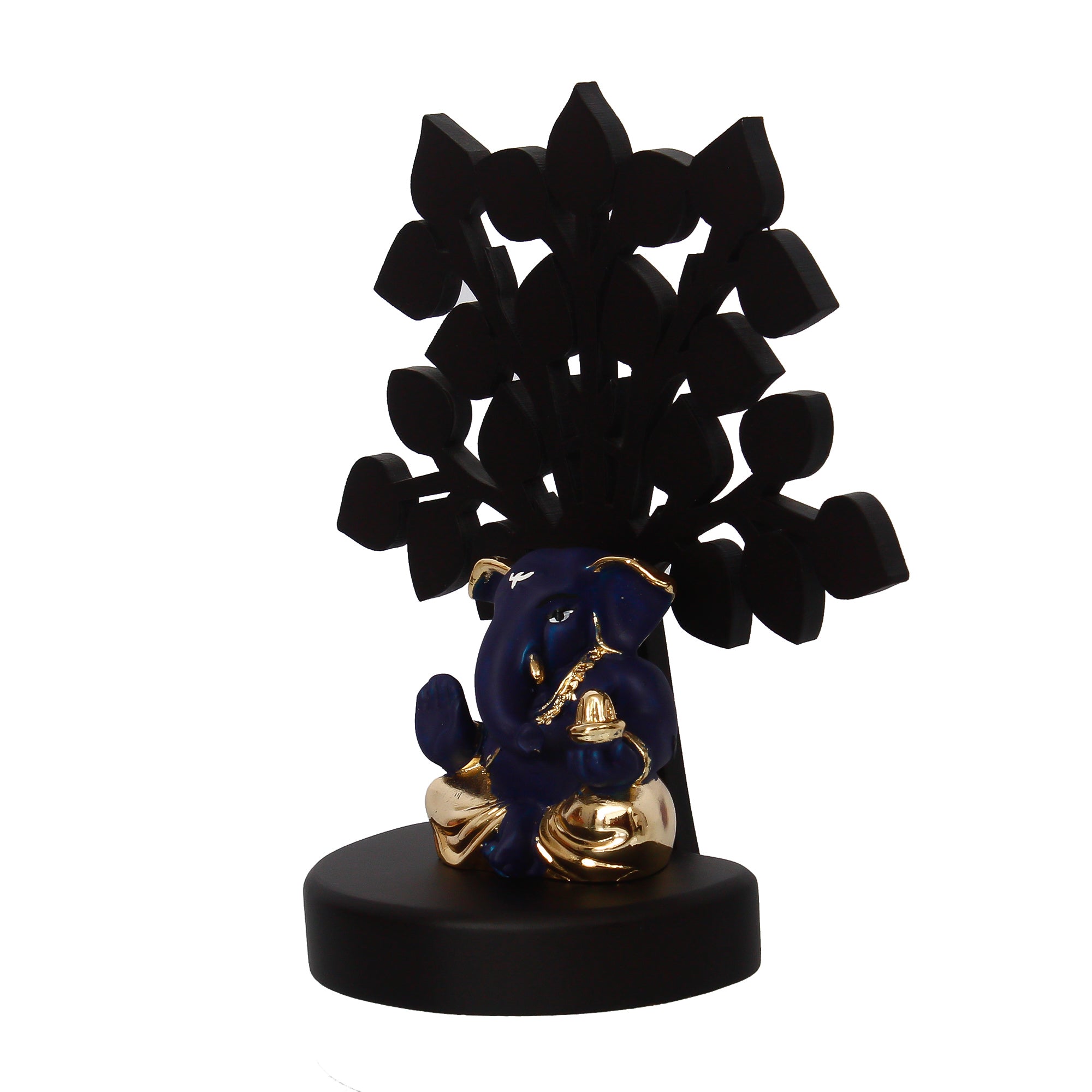 Gold Plated Blue Polyresin Appu Ganesha Statue with Wooden Tree for Home, Temple, Office and Car Dashboard Kafalo