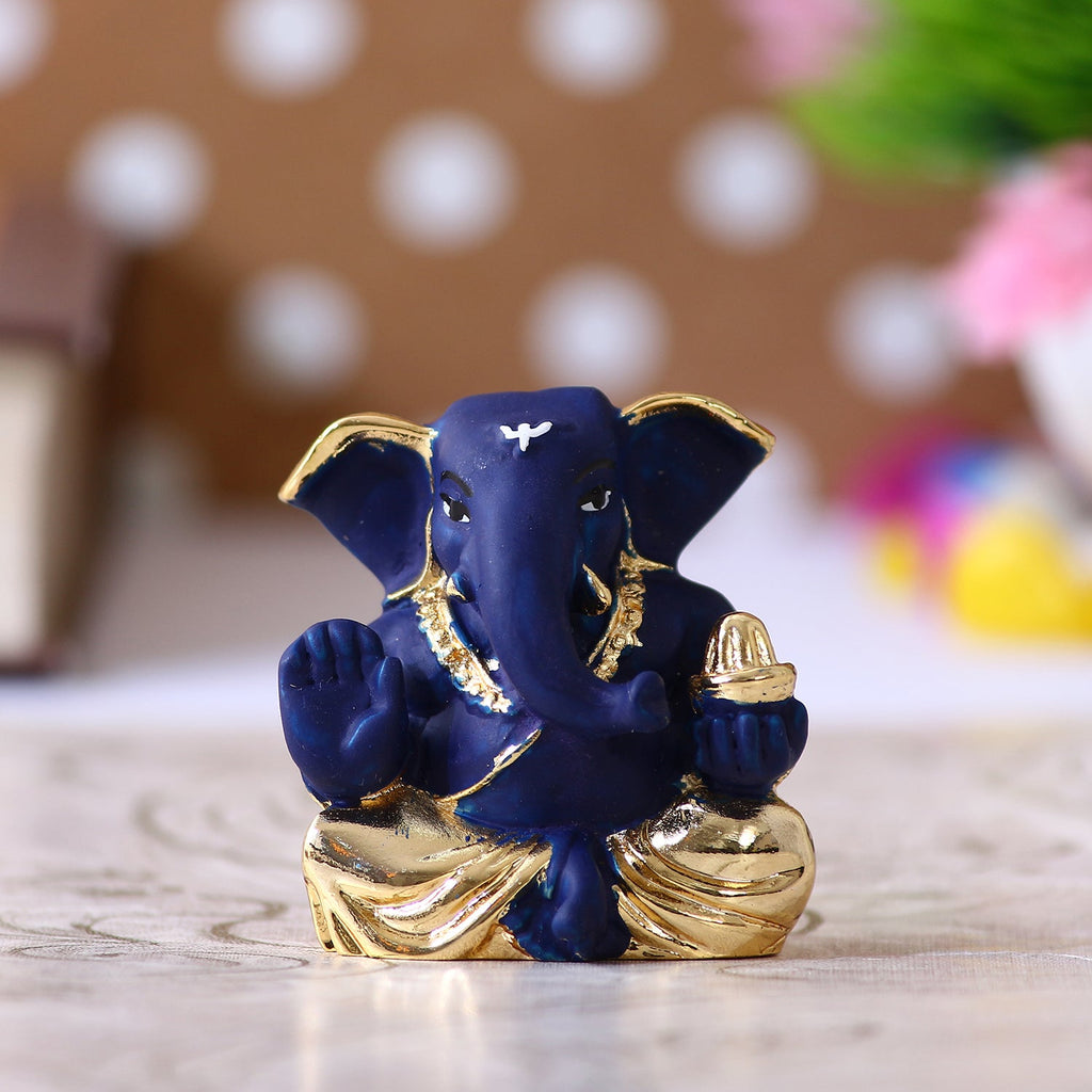 Gold Plated Blue Polyresin Appu Ganesha Idol for Home, Temple, Office and Car Dashboard Kafalo