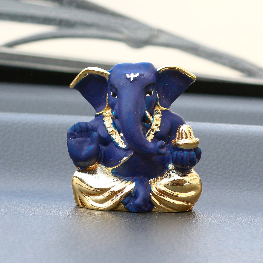Gold Plated Blue Polyresin Appu Ganesha Idol for Home, Temple, Office and Car Dashboard Kafalo