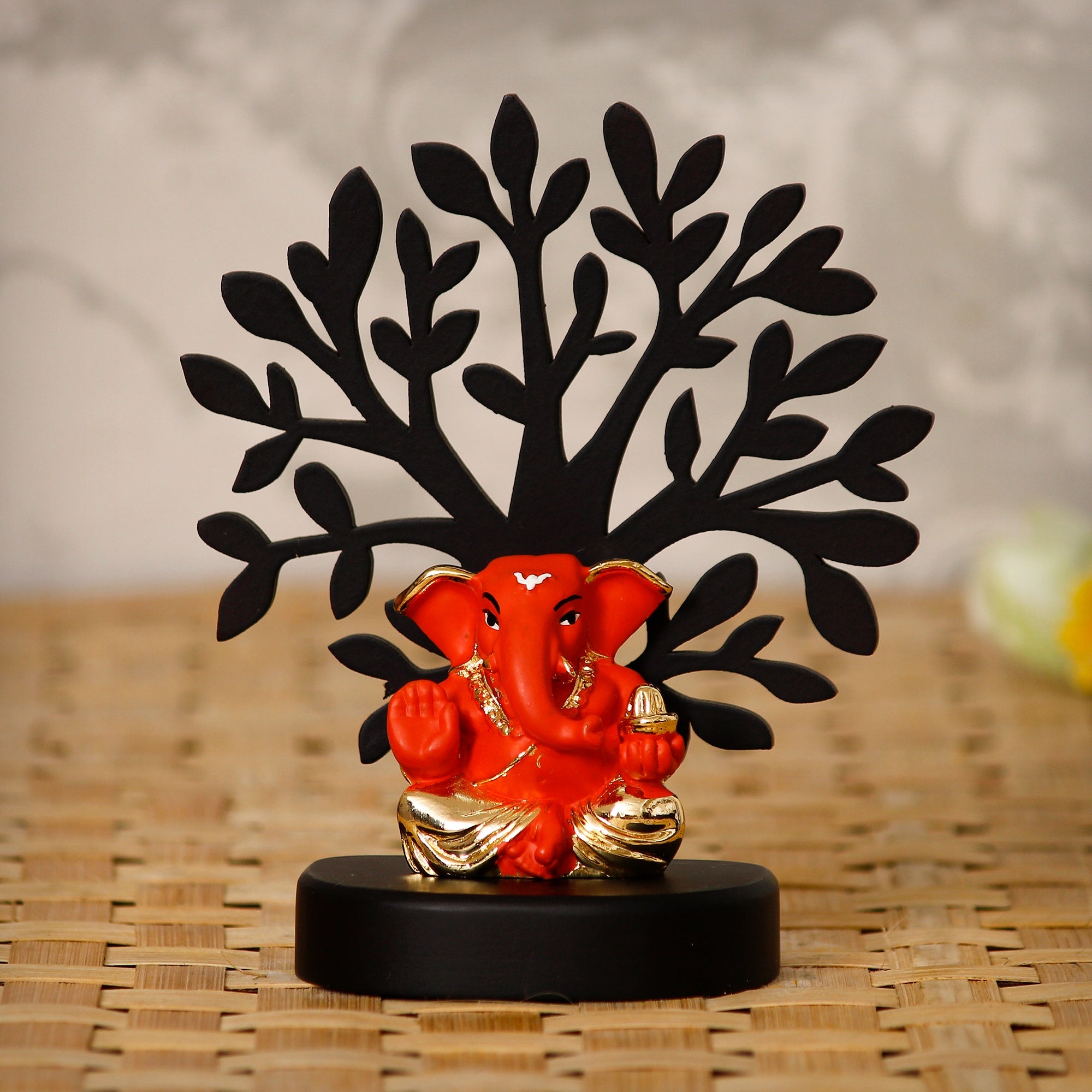 Gold Plated Orange Polyresin Appu Ganesha Idol with Wooden Tree for Home, Temple, Office and Car Dashboard Kafalo