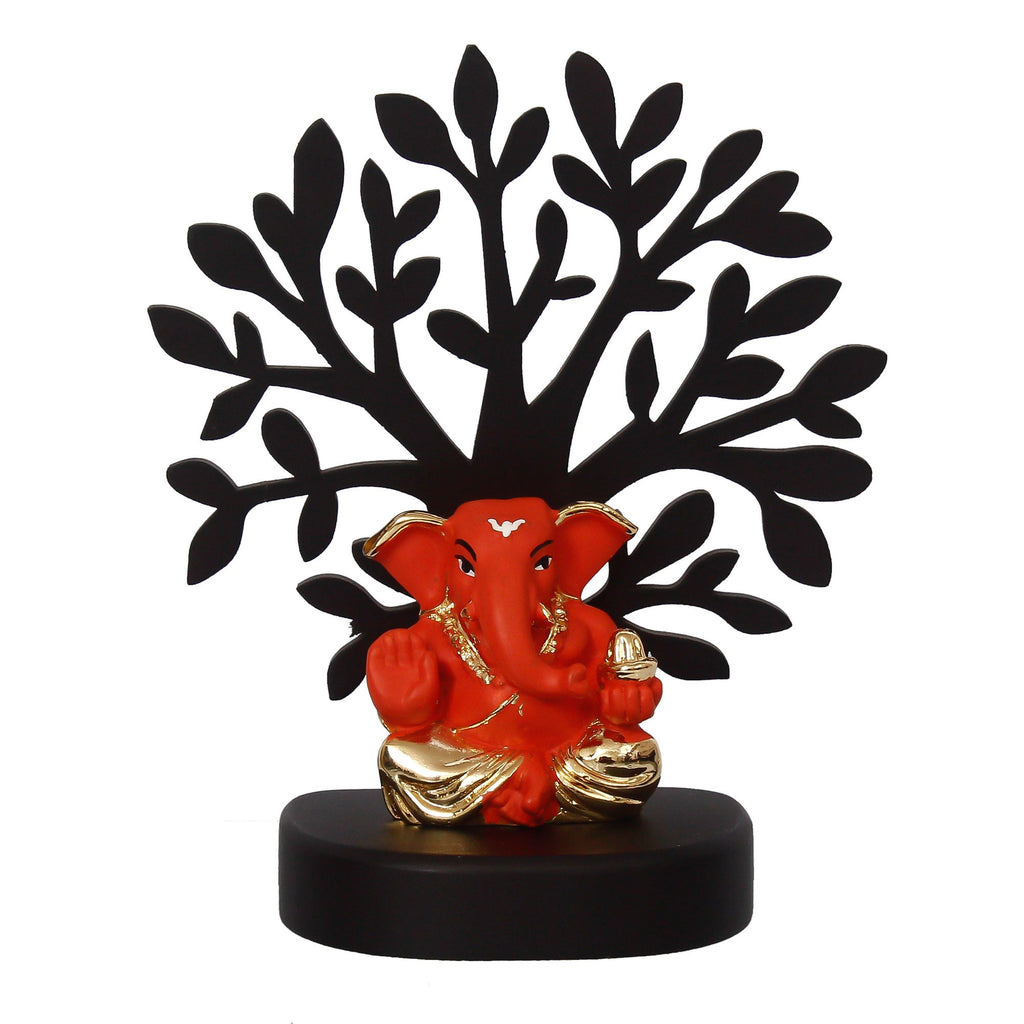 Gold Plated Orange Polyresin Appu Ganesha Idol with Wooden Tree for Home, Temple, Office and Car Dashboard Kafalo