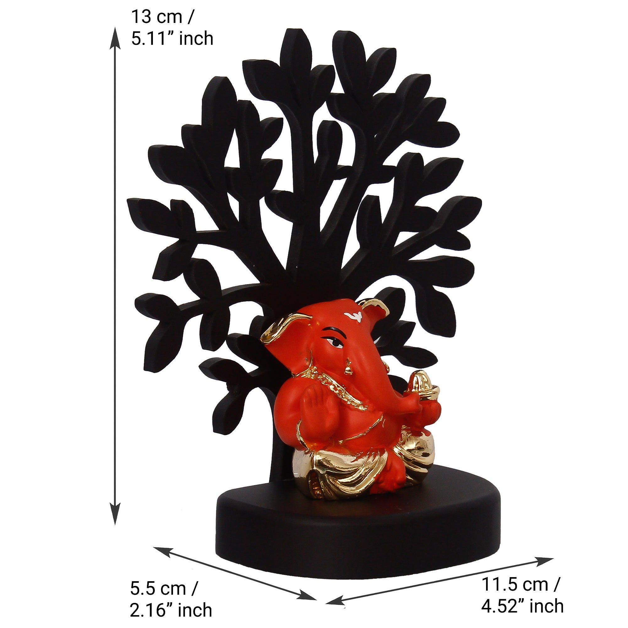 Gold Plated Orange Polyresin Appu Ganesha Idol with Wooden Tree for Home, Temple, Office and Car Dashboard Kafalo