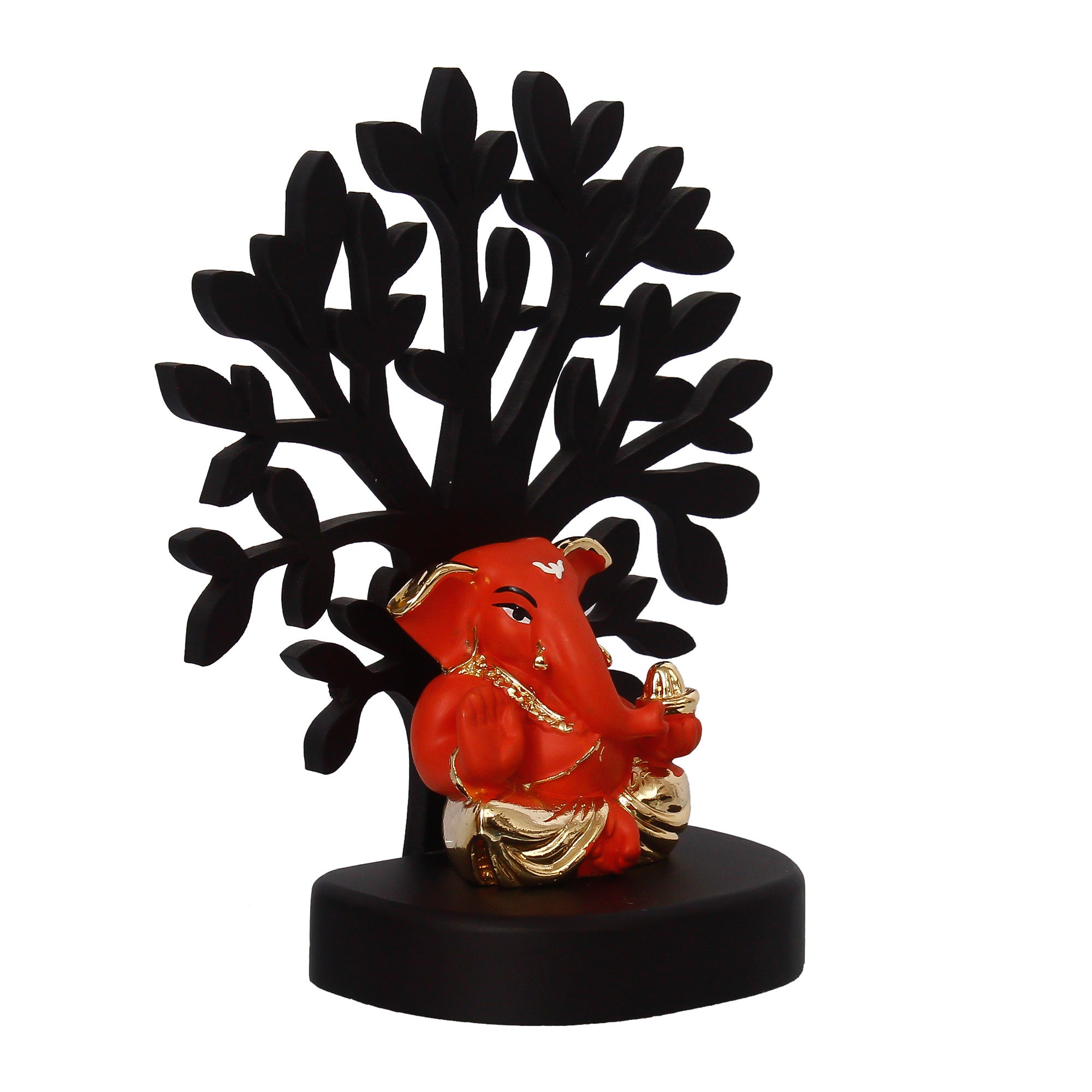 Gold Plated Orange Polyresin Appu Ganesha Idol with Wooden Tree for Home, Temple, Office and Car Dashboard Kafalo