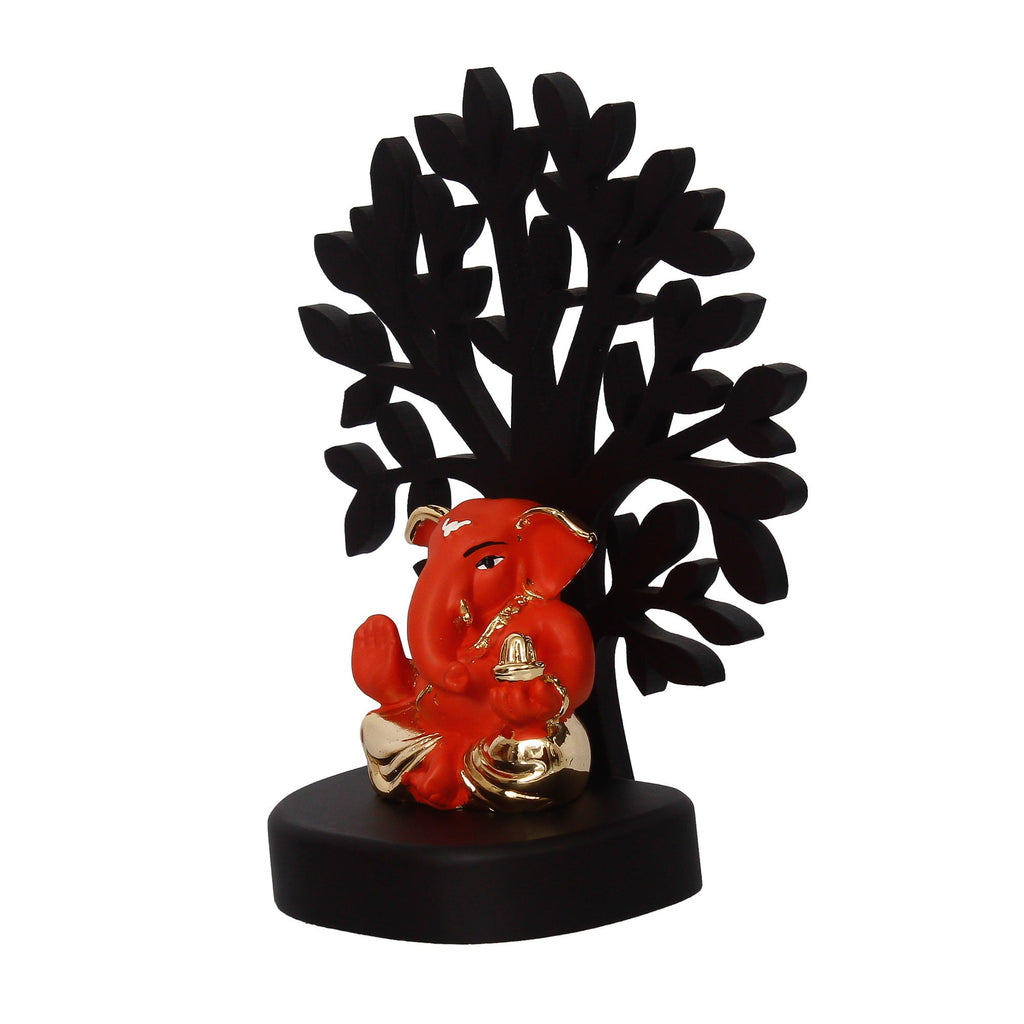 Gold Plated Orange Polyresin Appu Ganesha Idol with Wooden Tree for Home, Temple, Office and Car Dashboard Kafalo