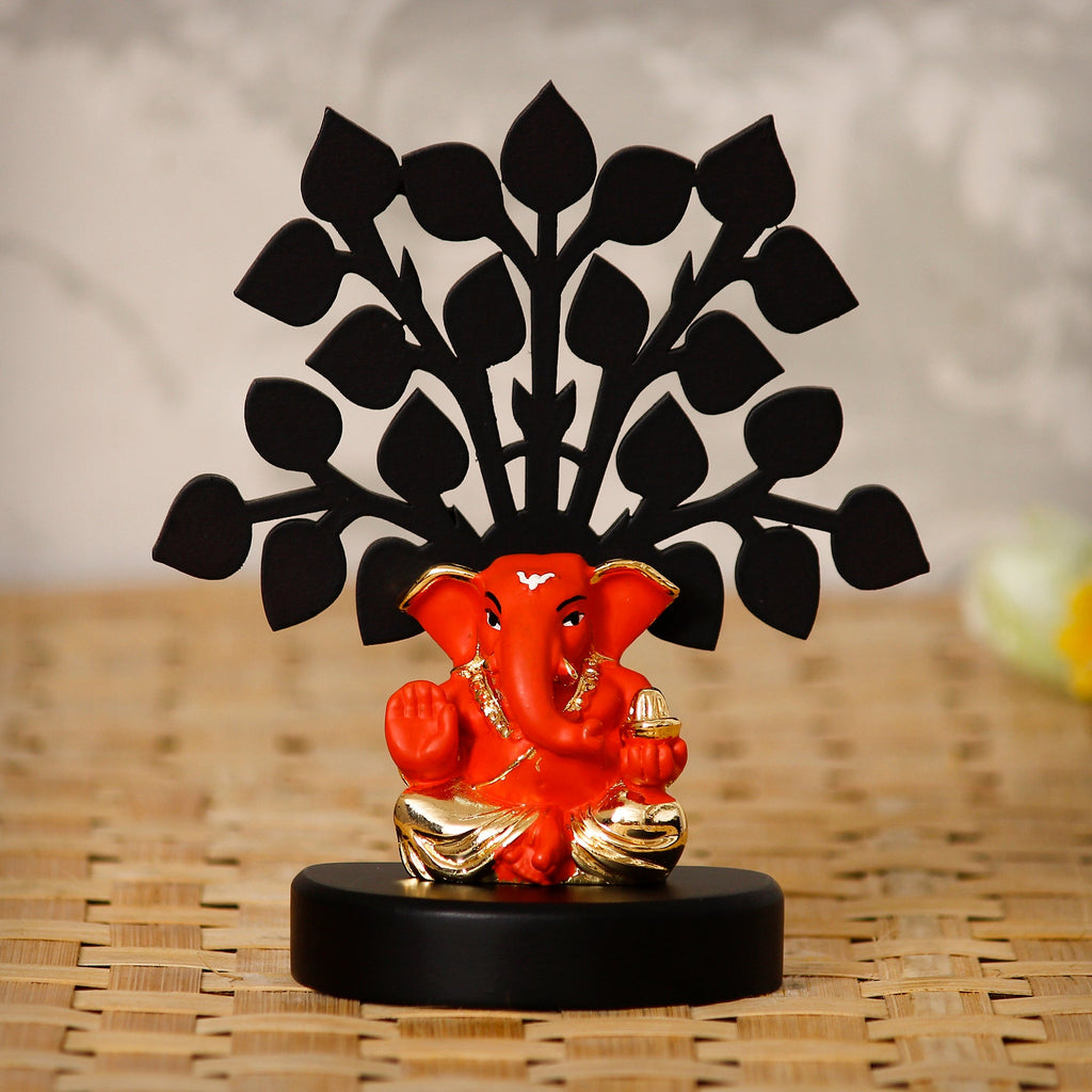 Gold Plated Orange Polyresin Appu Ganesha Idol with Wooden Tree for Home, Temple, Office and Car Dashboard Kafalo
