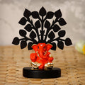 Gold Plated Orange Polyresin Appu Ganesha Idol with Wooden Tree for Home, Temple, Office and Car Dashboard Kafalo