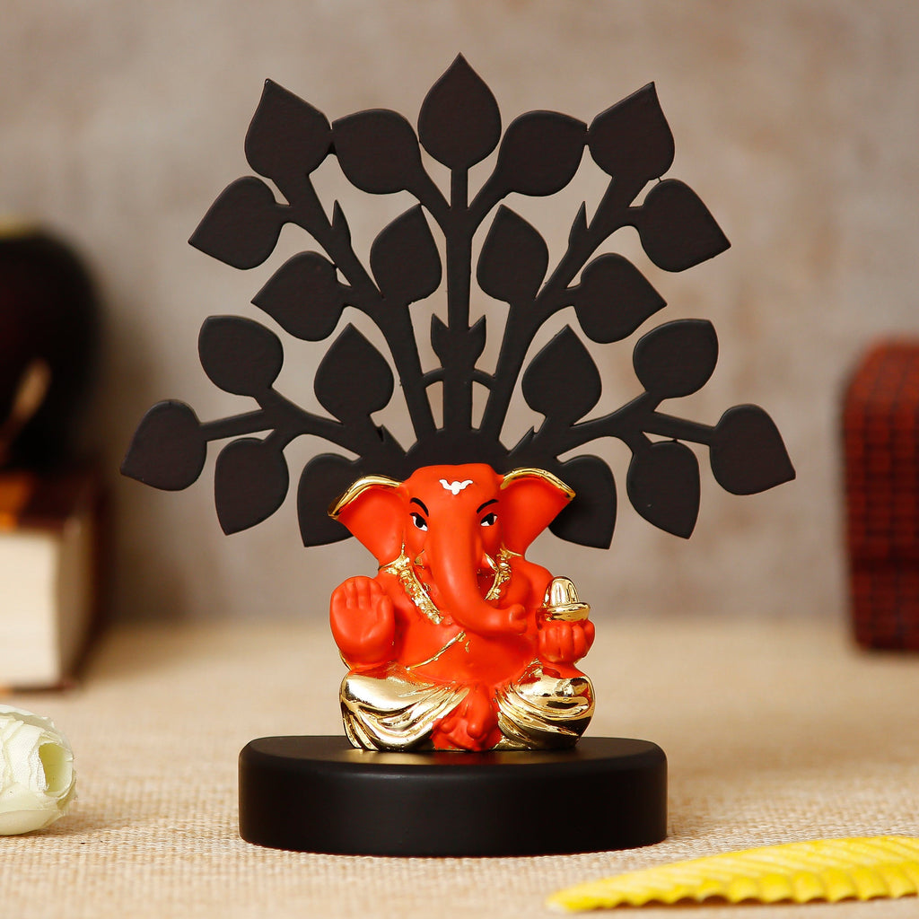 Gold Plated Orange Polyresin Appu Ganesha Idol with Wooden Tree for Home, Temple, Office and Car Dashboard Kafalo