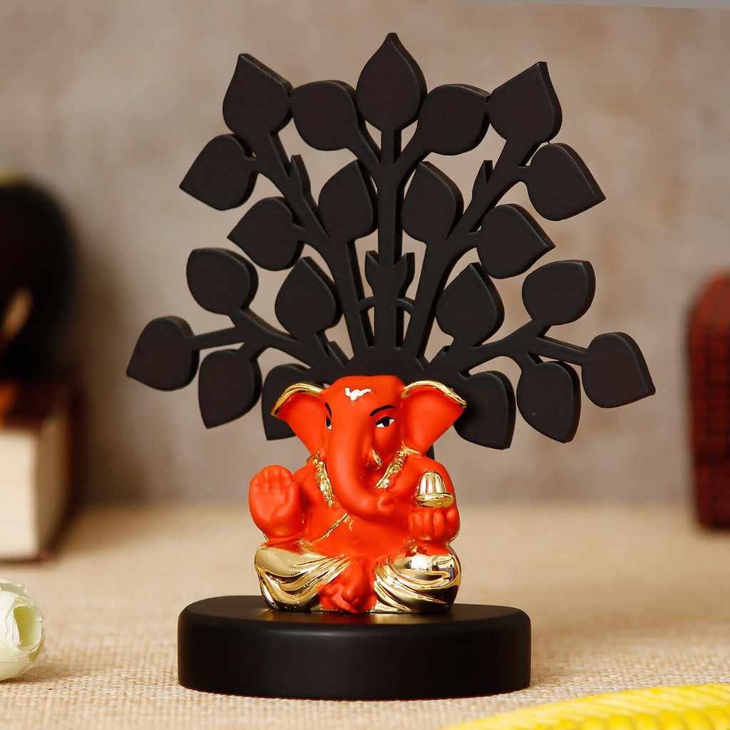 Gold Plated Orange Polyresin Appu Ganesha Idol with Wooden Tree for Home, Temple, Office and Car Dashboard Kafalo