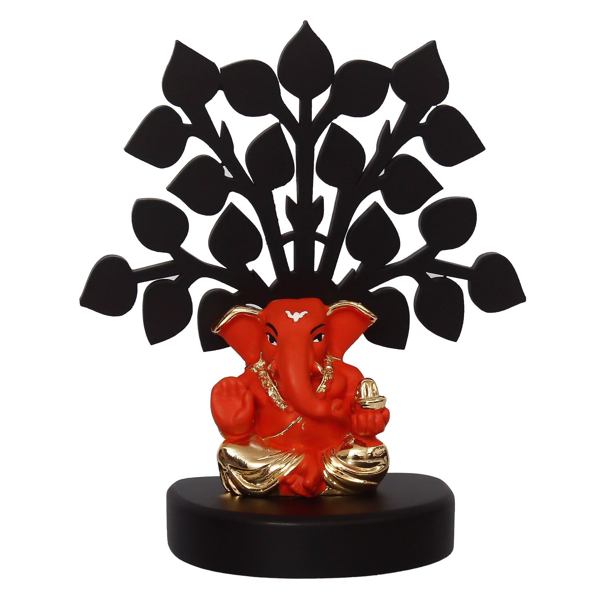 Gold Plated Orange Polyresin Appu Ganesha Idol with Wooden Tree for Home, Temple, Office and Car Dashboard Kafalo