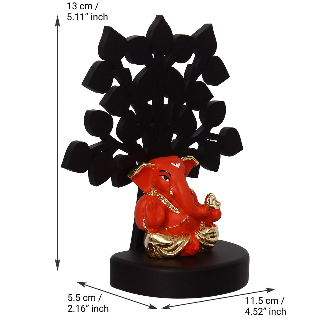 Gold Plated Orange Polyresin Appu Ganesha Idol with Wooden Tree for Home, Temple, Office and Car Dashboard Kafalo