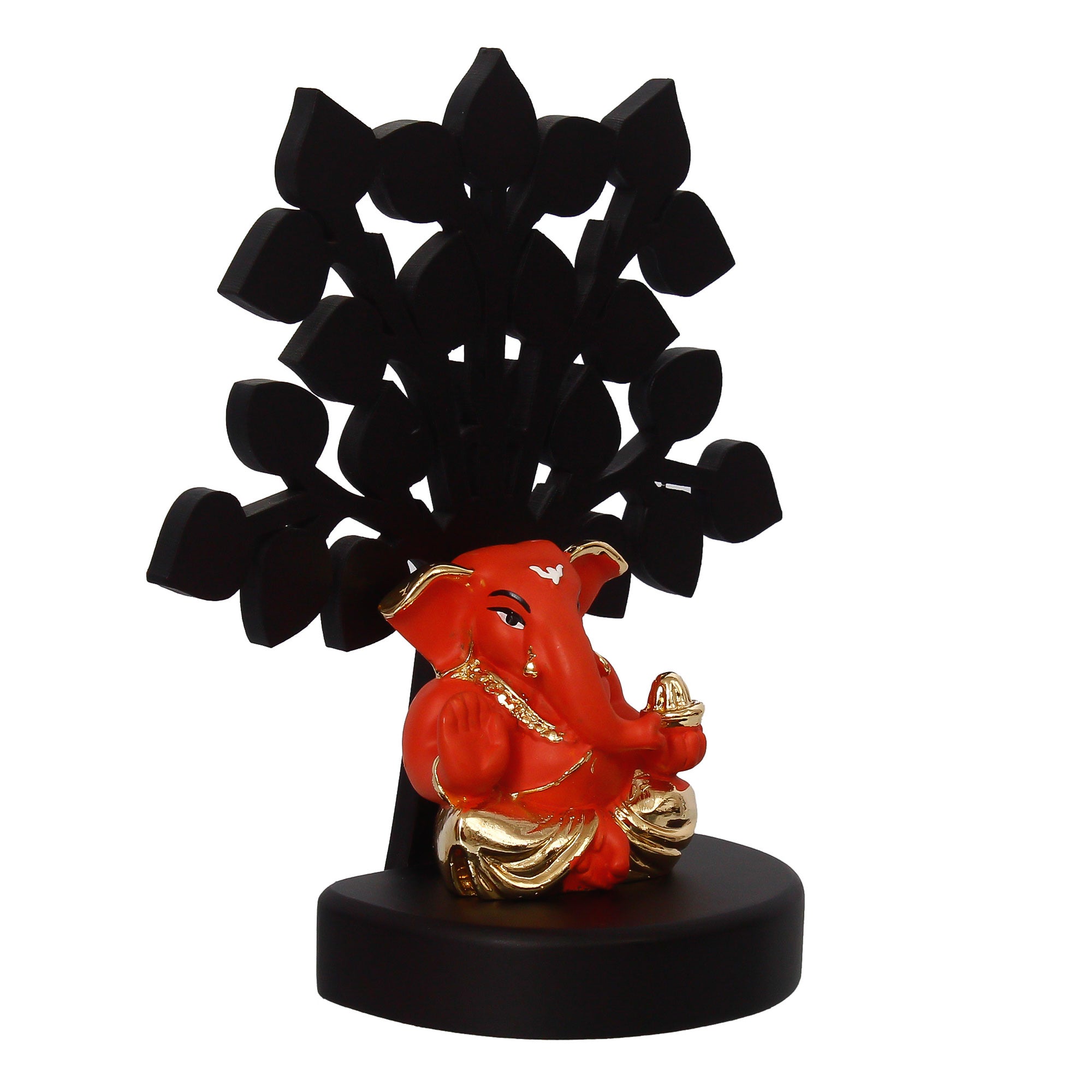 Gold Plated Orange Polyresin Appu Ganesha Idol with Wooden Tree for Home, Temple, Office and Car Dashboard Kafalo