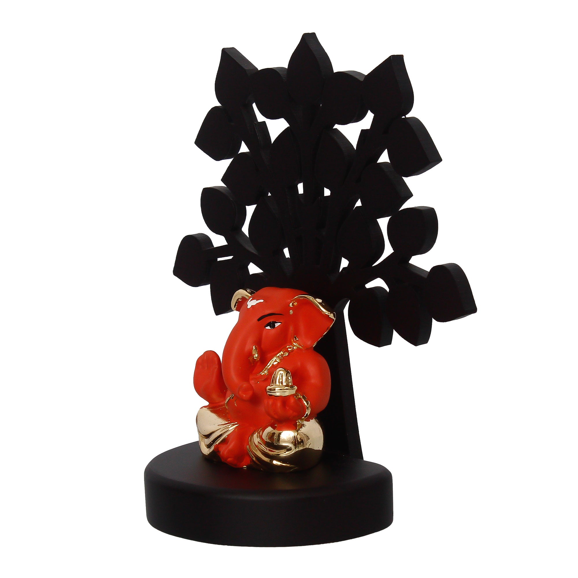 Gold Plated Orange Polyresin Appu Ganesha Idol with Wooden Tree for Home, Temple, Office and Car Dashboard Kafalo