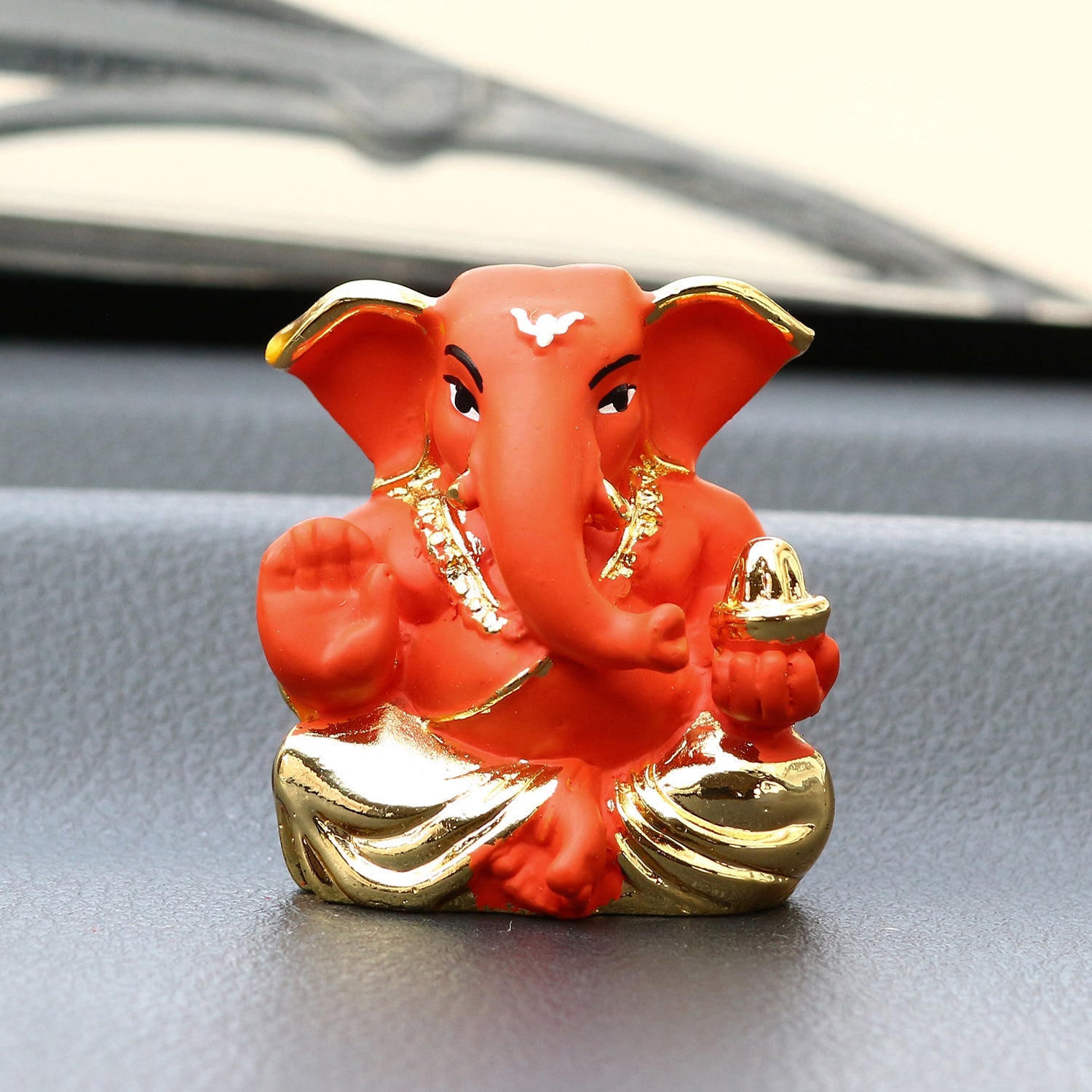 Gold Plated Orange Polyresin Appu Ganesha Idol for Home, Temple, Office and Car Dashboard Kafalo