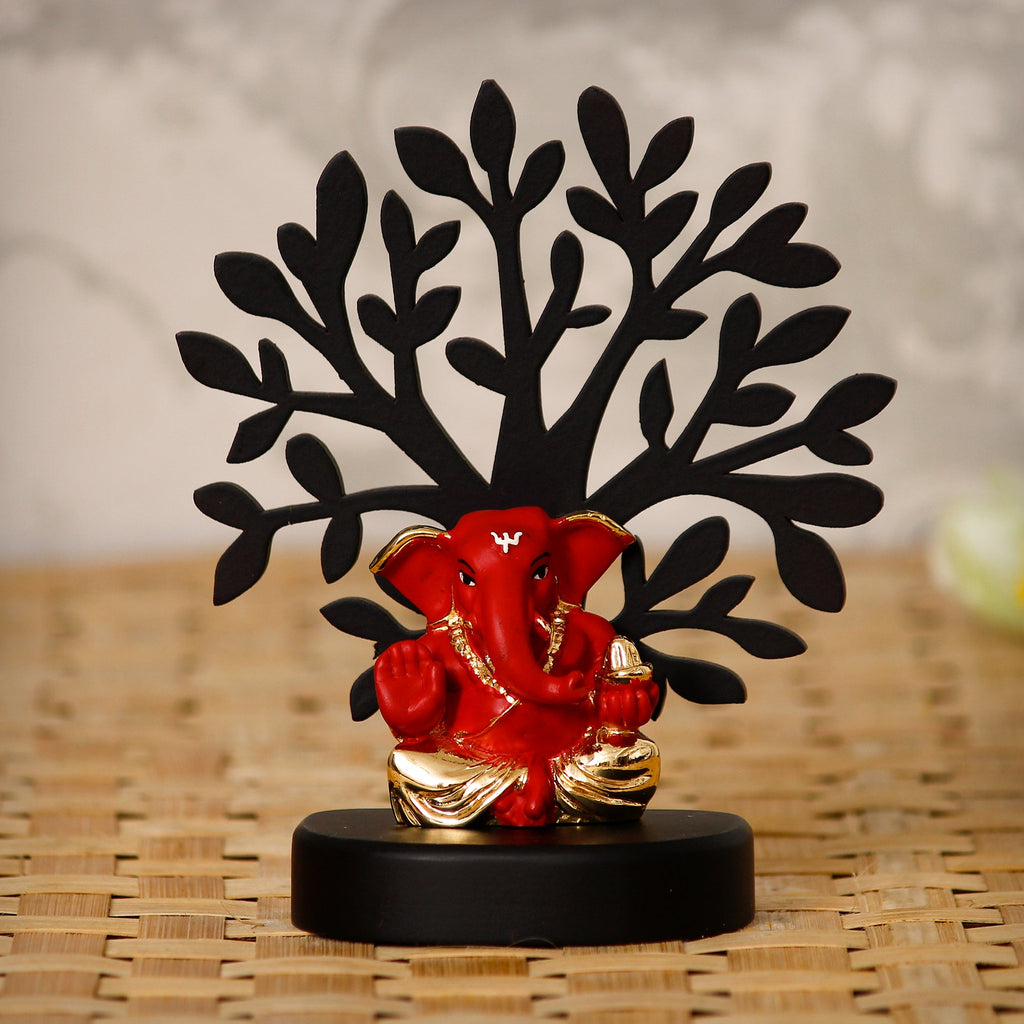 Gold Plated Red Polyresin Appu Ganesha Idol with Wooden Tree for Home, Temple, Office and Car Dashboard Kafalo