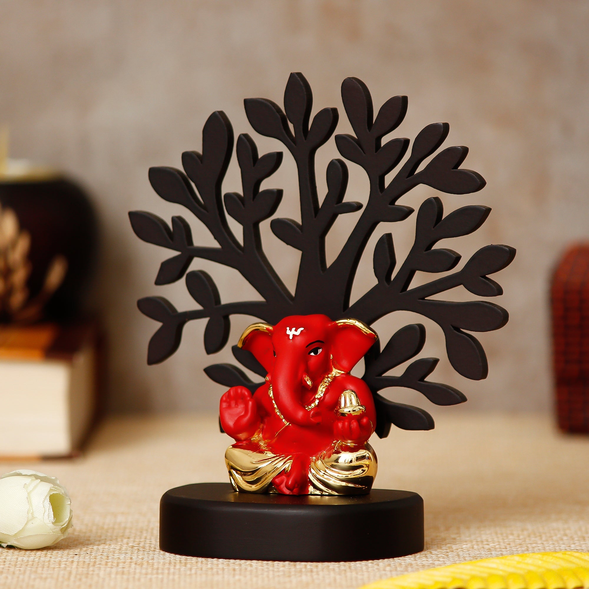 Gold Plated Red Polyresin Appu Ganesha Idol with Wooden Tree for Home, Temple, Office and Car Dashboard Kafalo