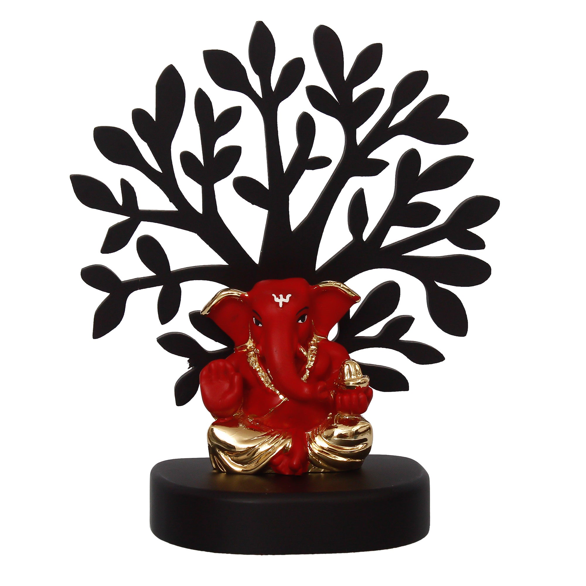 Gold Plated Red Polyresin Appu Ganesha Idol with Wooden Tree for Home, Temple, Office and Car Dashboard Kafalo