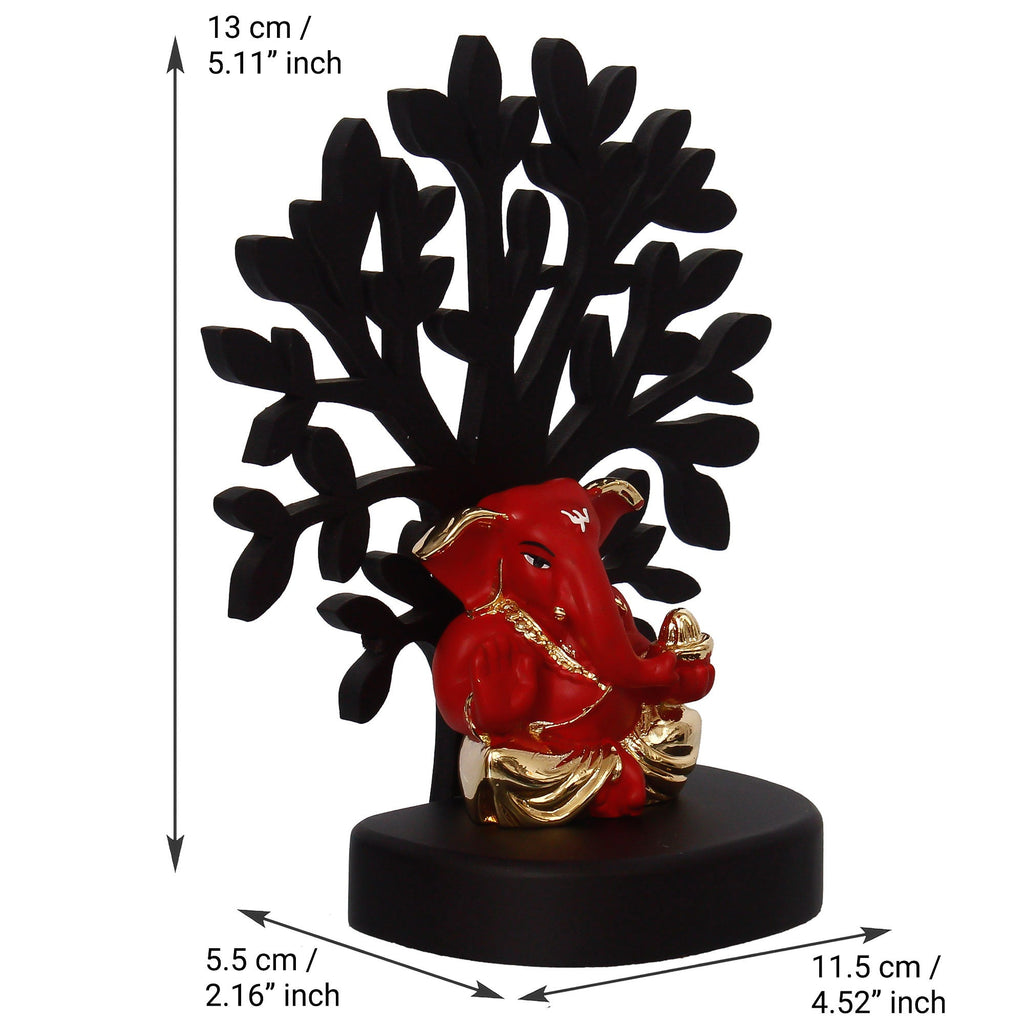 Gold Plated Red Polyresin Appu Ganesha Idol with Wooden Tree for Home, Temple, Office and Car Dashboard Kafalo