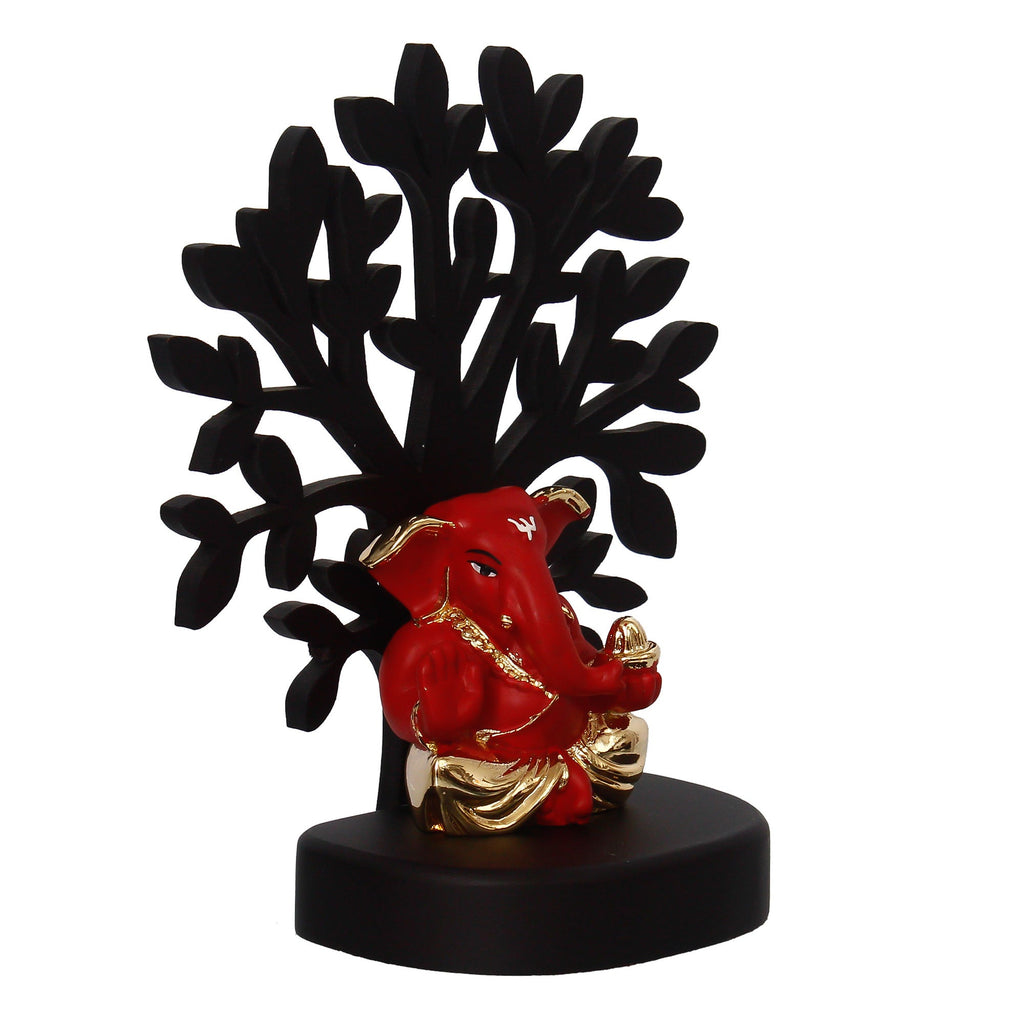 Gold Plated Red Polyresin Appu Ganesha Idol with Wooden Tree for Home, Temple, Office and Car Dashboard Kafalo