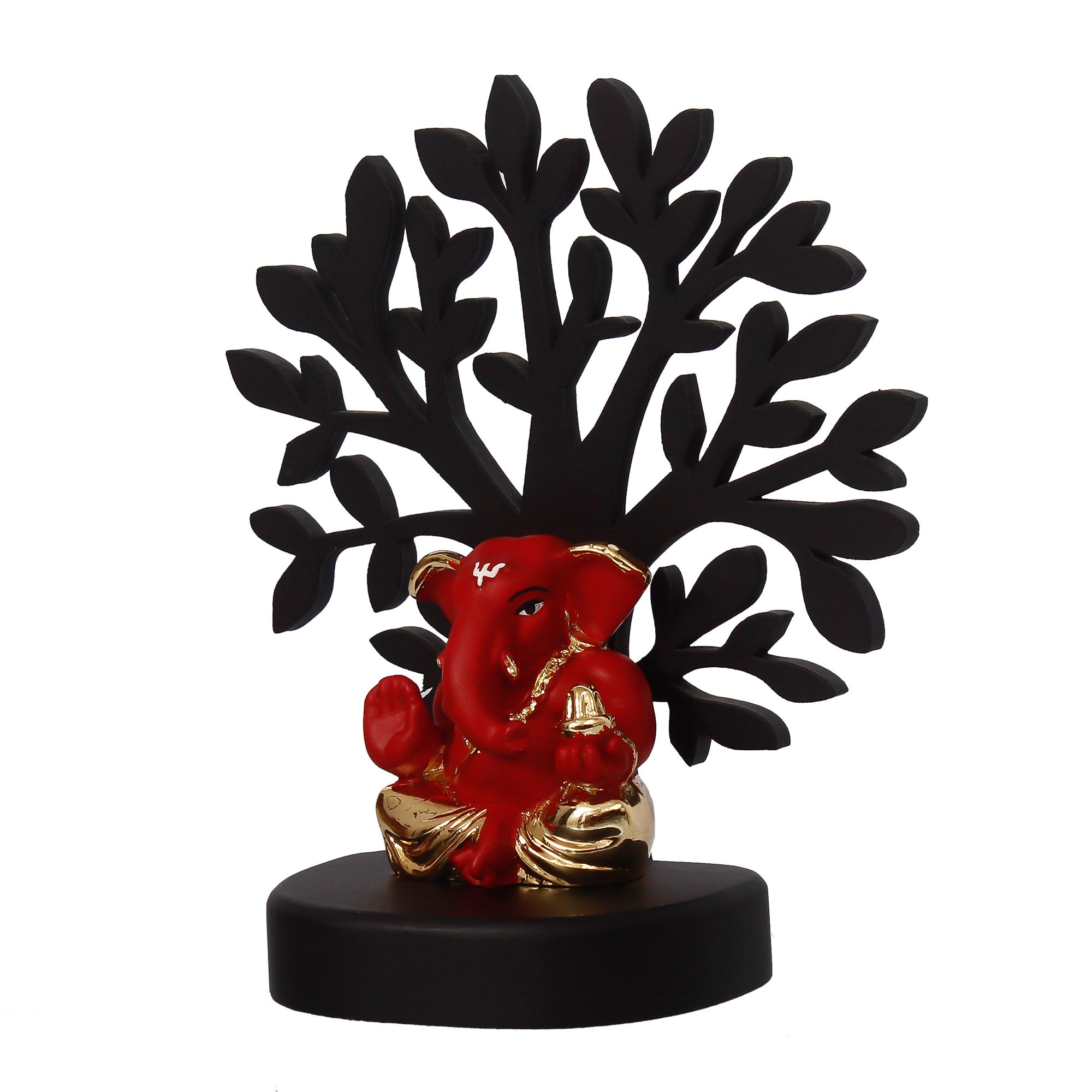 Gold Plated Red Polyresin Appu Ganesha Idol with Wooden Tree for Home, Temple, Office and Car Dashboard Kafalo