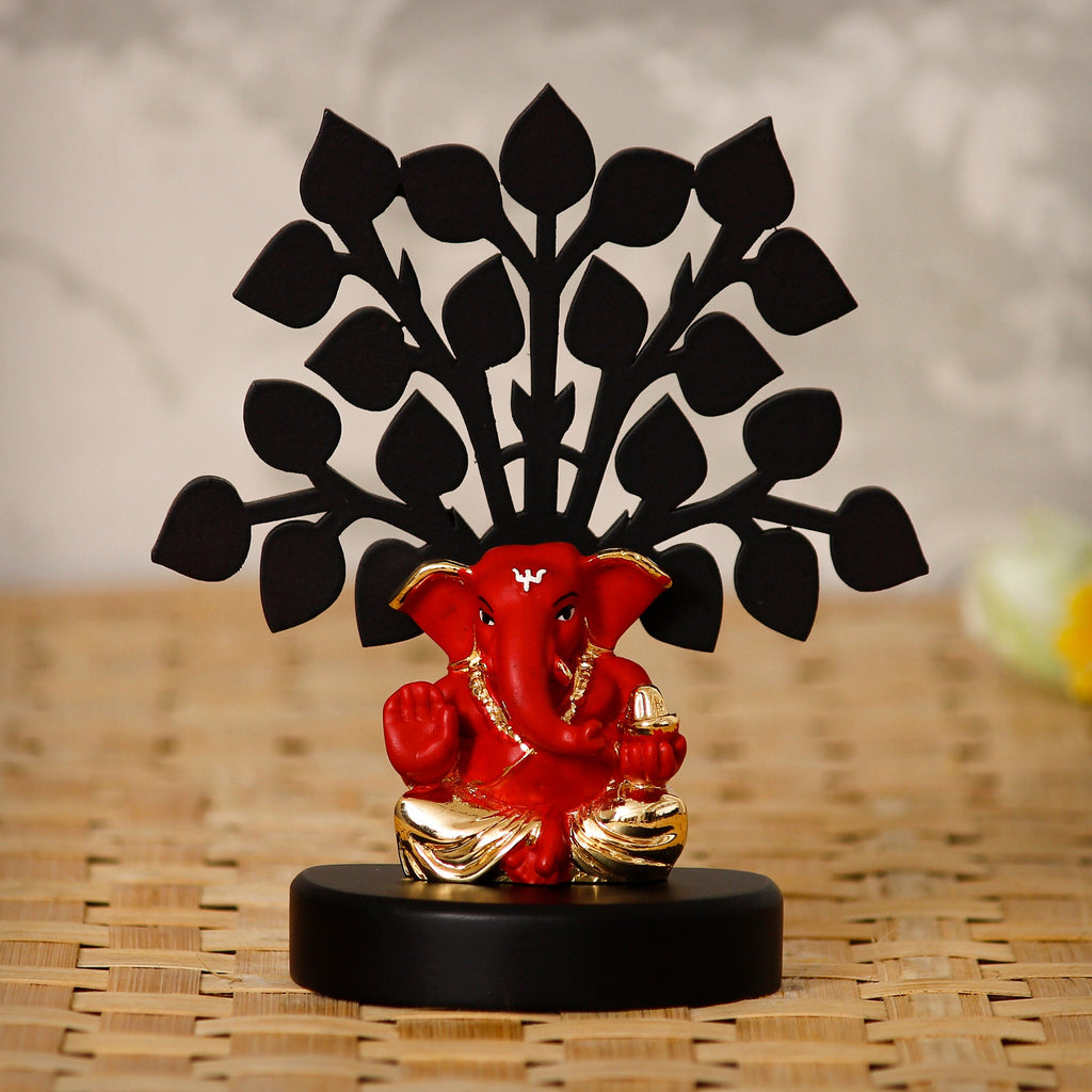 Gold Plated Red Ganesha Decorative Showpiece with Wooden Tree for Home/Temple/Office/Car Dashboard Kafalo