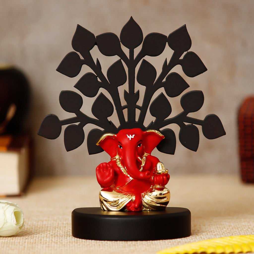 Gold Plated Red Ganesha Decorative Showpiece with Wooden Tree for Home/Temple/Office/Car Dashboard Kafalo