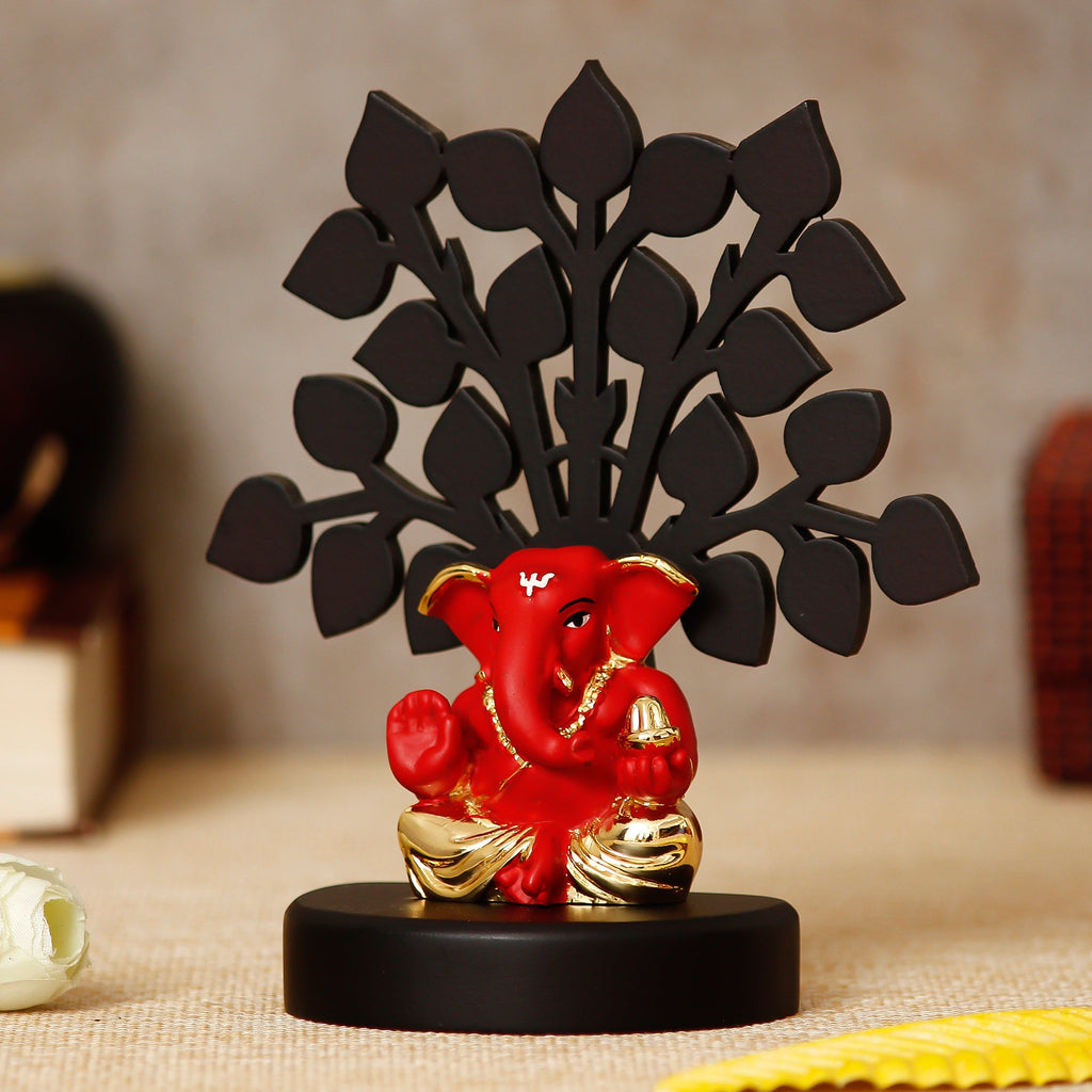 Gold Plated Red Ganesha Decorative Showpiece with Wooden Tree for Home/Temple/Office/Car Dashboard Kafalo