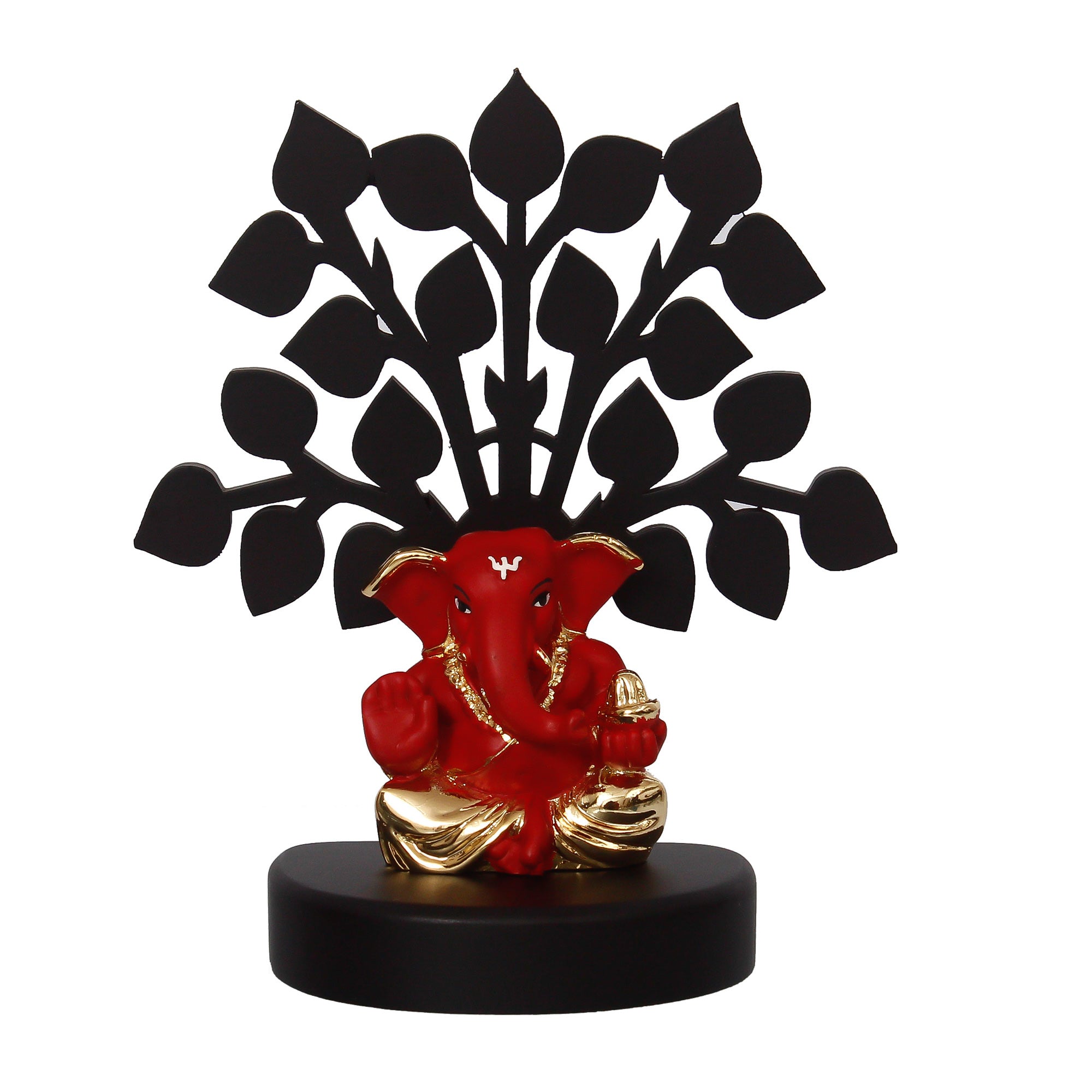 Gold Plated Red Ganesha Decorative Showpiece with Wooden Tree for Home/Temple/Office/Car Dashboard Kafalo