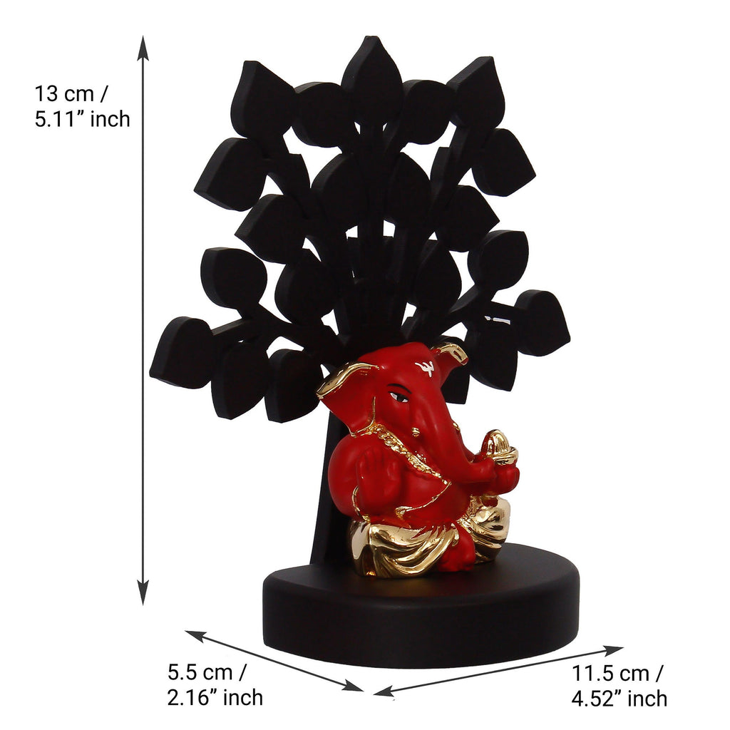 Gold Plated Red Ganesha Decorative Showpiece with Wooden Tree for Home/Temple/Office/Car Dashboard Kafalo