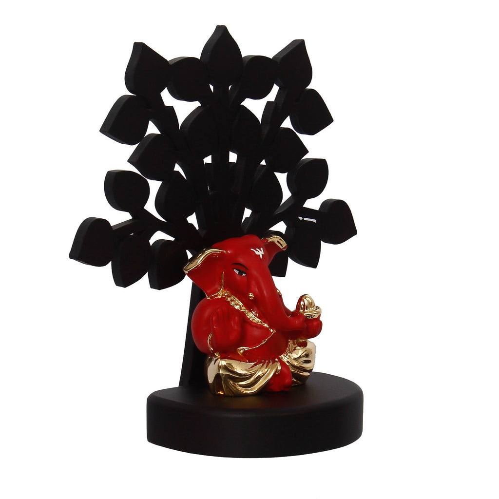 Gold Plated Red Ganesha Decorative Showpiece with Wooden Tree for Home/Temple/Office/Car Dashboard Kafalo