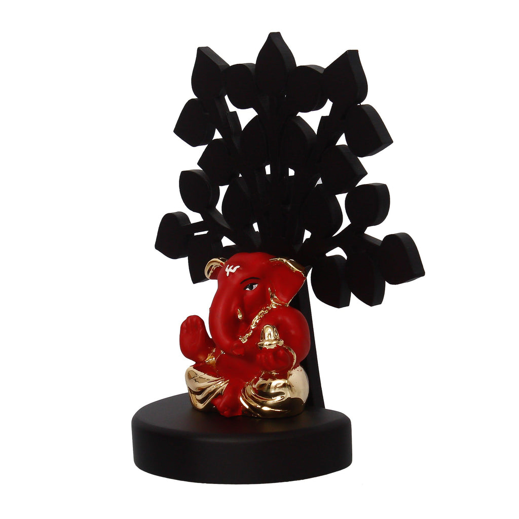 Gold Plated Red Ganesha Decorative Showpiece with Wooden Tree for Home/Temple/Office/Car Dashboard Kafalo
