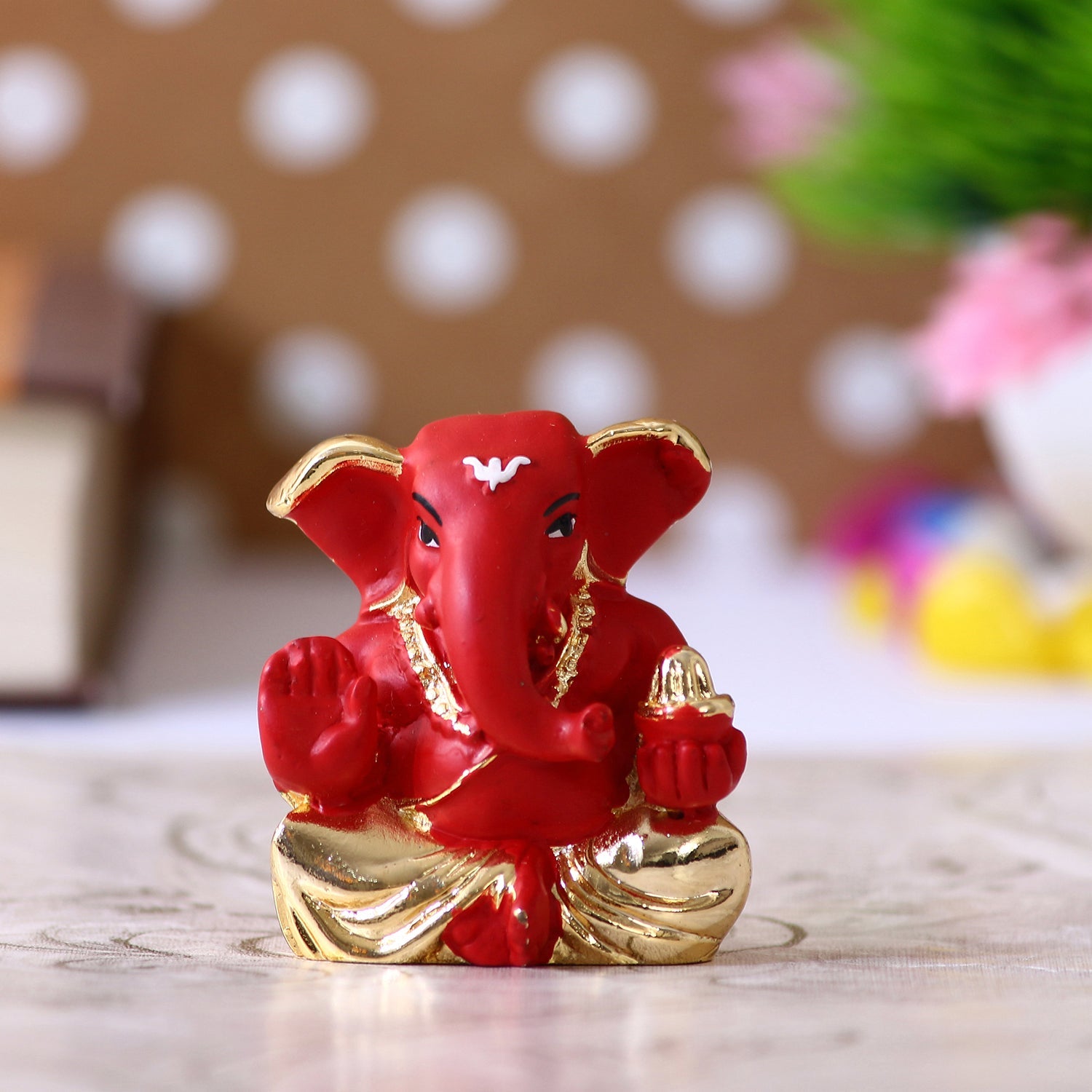 Gold Plated Red Polyresin Appu Ganesha Idol for Home, Temple, Office and Car Dashboard Kafalo