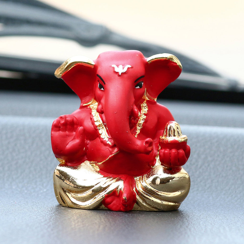 Gold Plated Red Polyresin Appu Ganesha Idol for Home, Temple, Office and Car Dashboard Kafalo