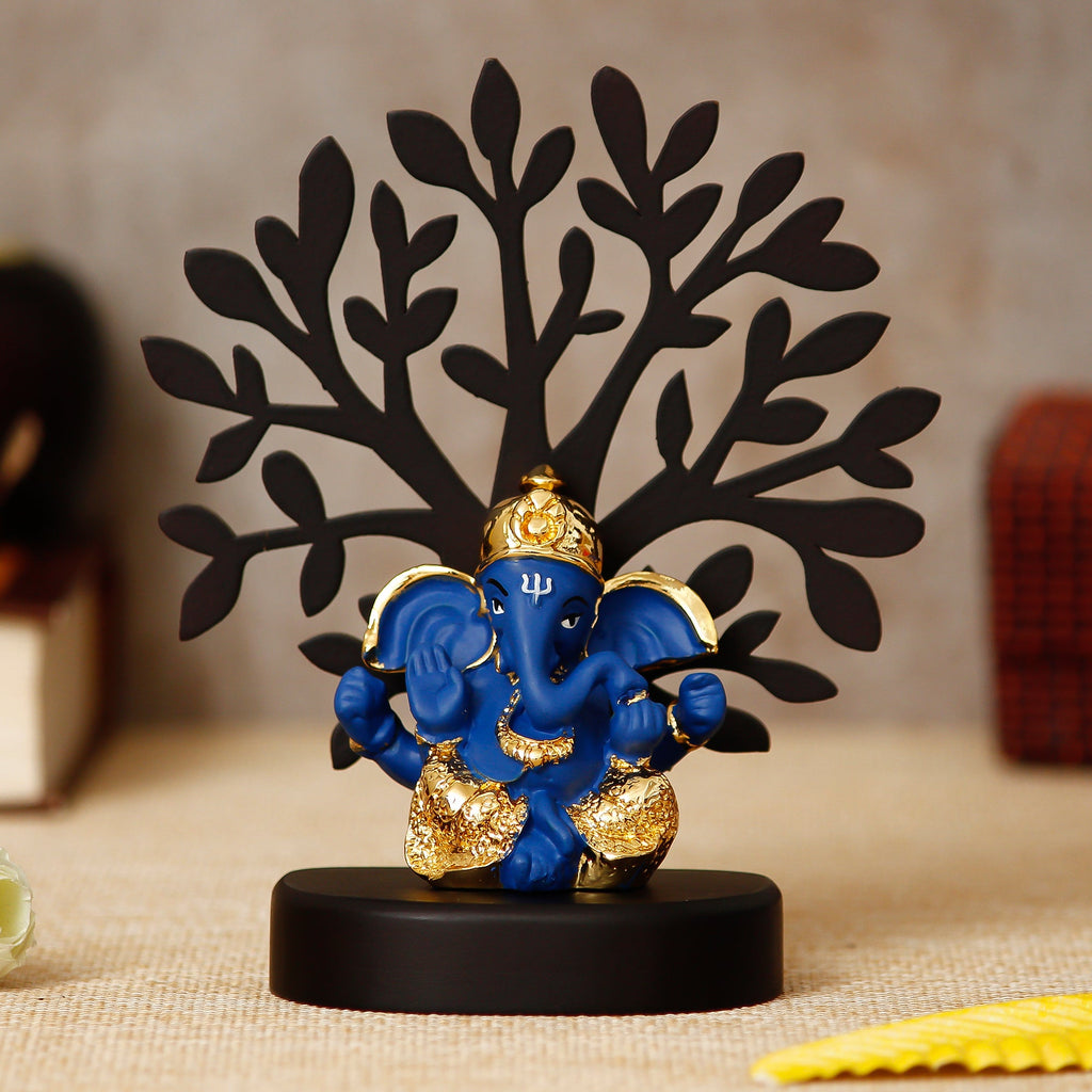 Gold Plated Blue Polyresin Ganesha Idol with Wooden Tree for Home, Temple, Office and Car Dashboard Kafalo