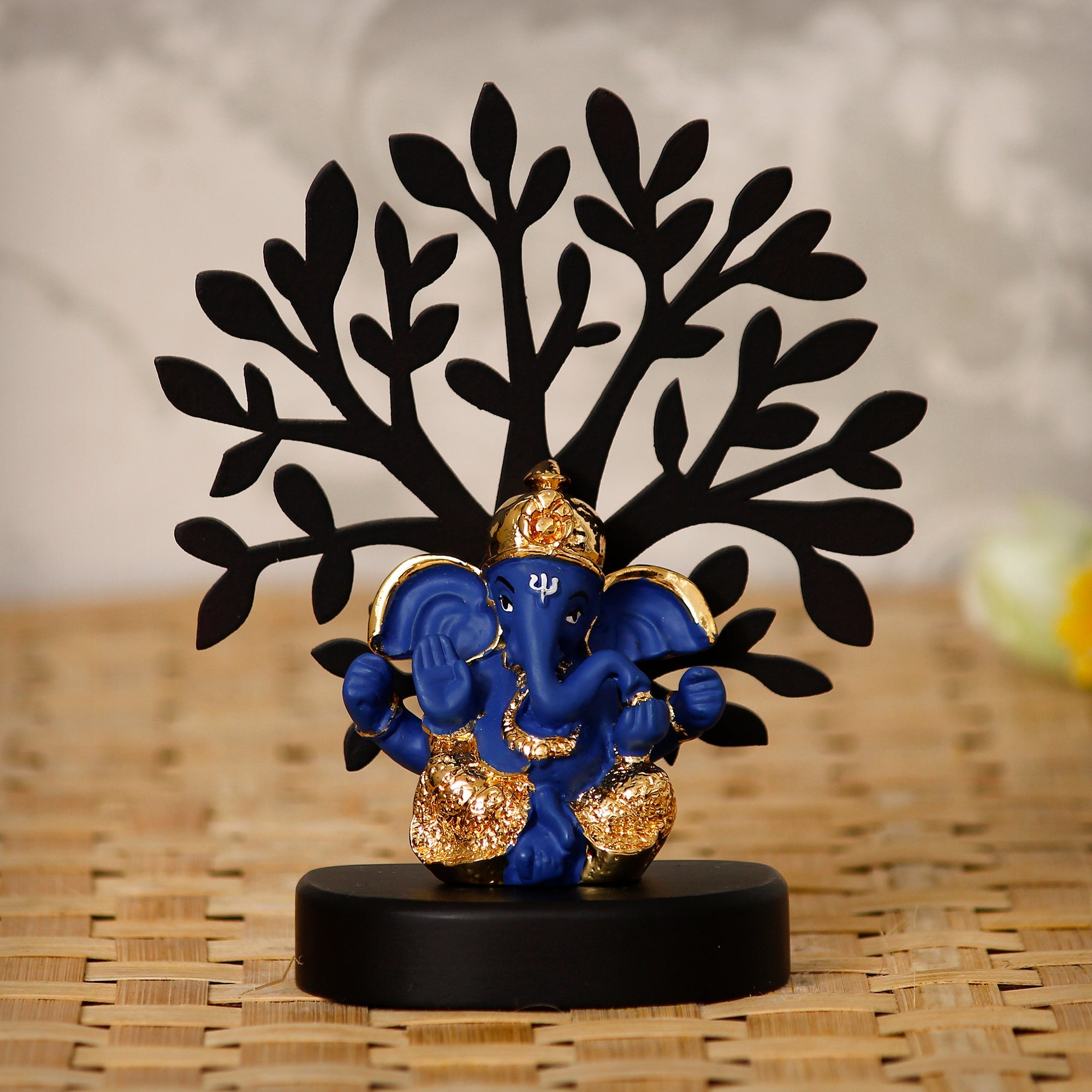 Gold Plated Blue Polyresin Ganesha Idol with Wooden Tree for Home, Temple, Office and Car Dashboard Kafalo