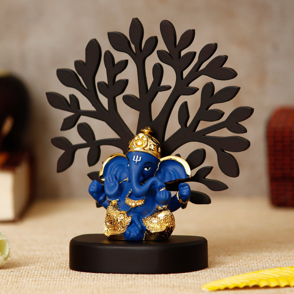 Gold Plated Blue Polyresin Ganesha Idol with Wooden Tree for Home, Temple, Office and Car Dashboard Kafalo
