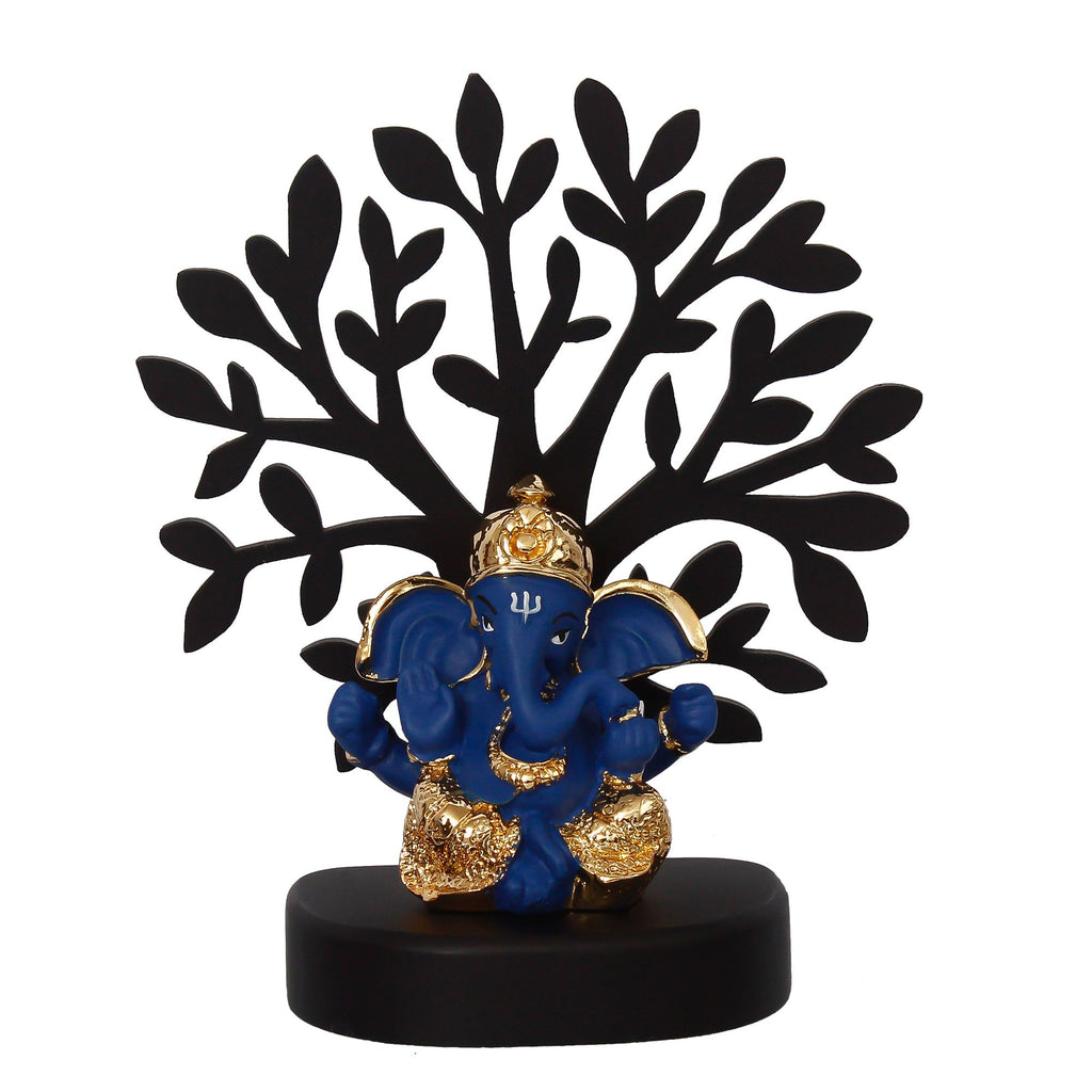 Gold Plated Blue Polyresin Ganesha Idol with Wooden Tree for Home, Temple, Office and Car Dashboard Kafalo