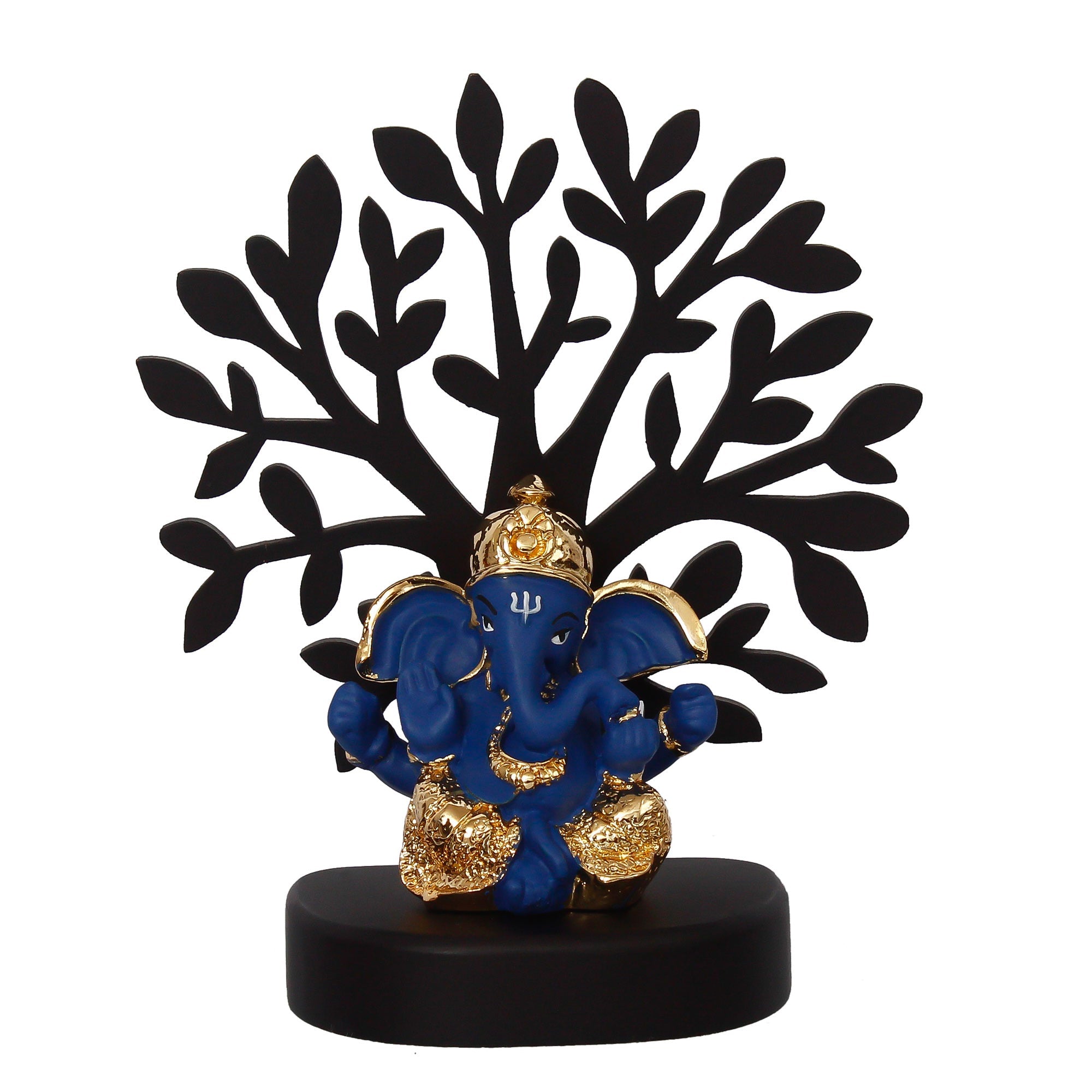 Gold Plated Blue Polyresin Ganesha Idol with Wooden Tree for Home, Temple, Office and Car Dashboard Kafalo