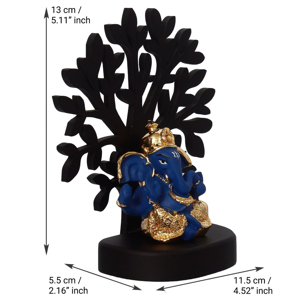 Gold Plated Blue Polyresin Ganesha Idol with Wooden Tree for Home, Temple, Office and Car Dashboard Kafalo