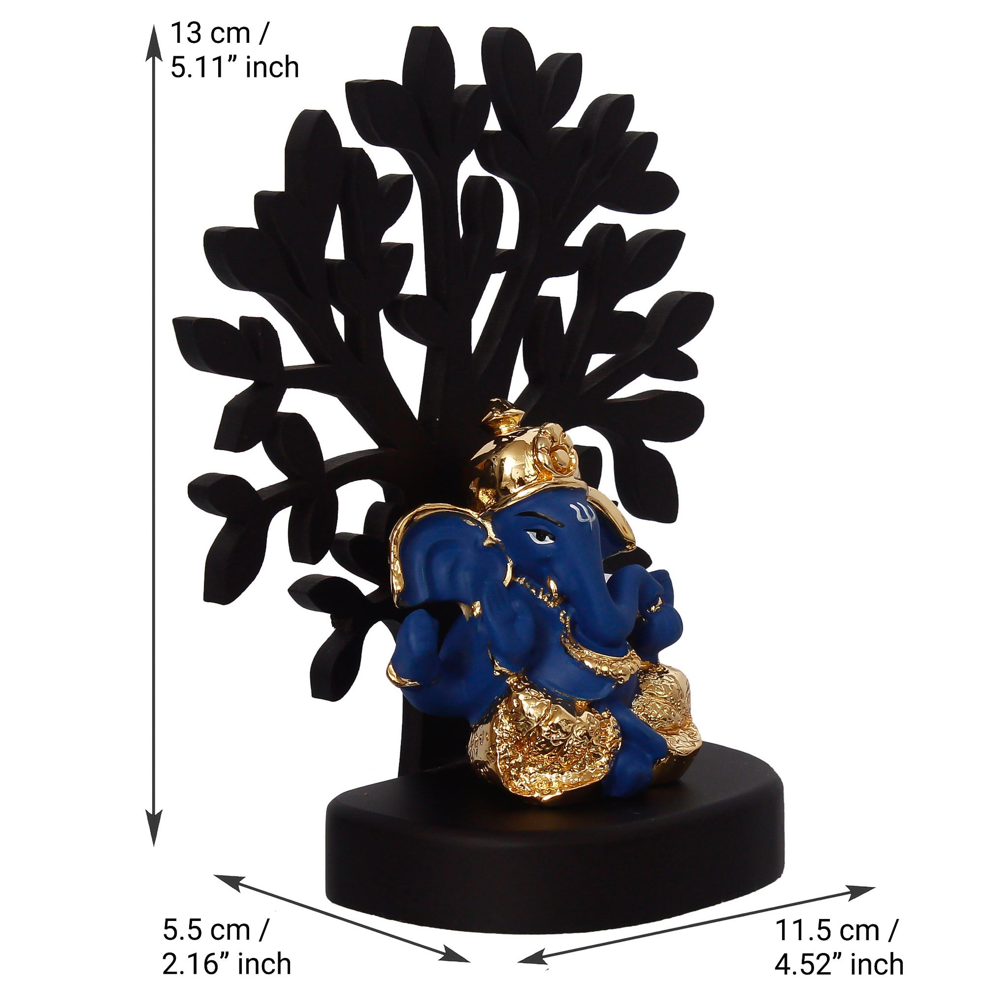 Gold Plated Blue Polyresin Ganesha Idol with Wooden Tree for Home, Temple, Office and Car Dashboard Kafalo