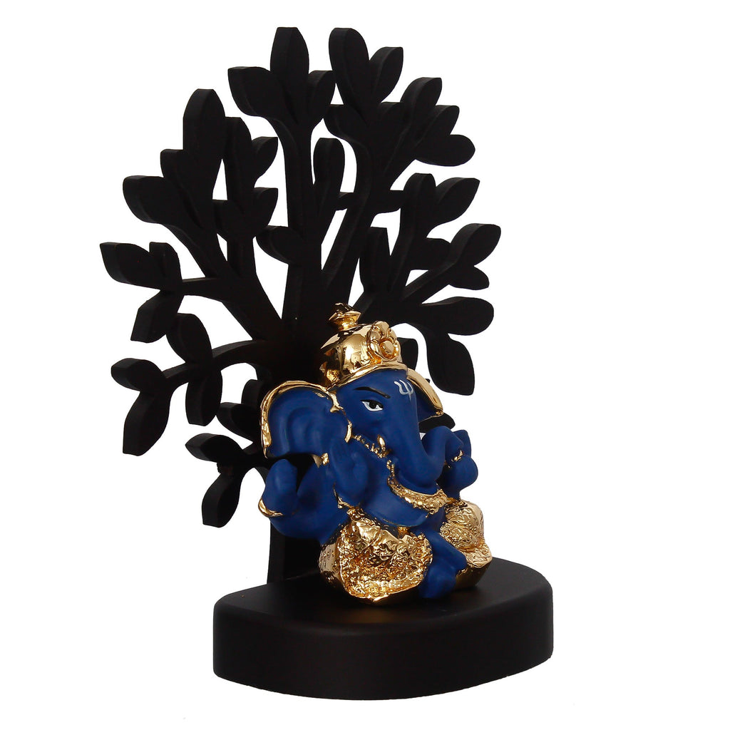Gold Plated Blue Polyresin Ganesha Idol with Wooden Tree for Home, Temple, Office and Car Dashboard Kafalo